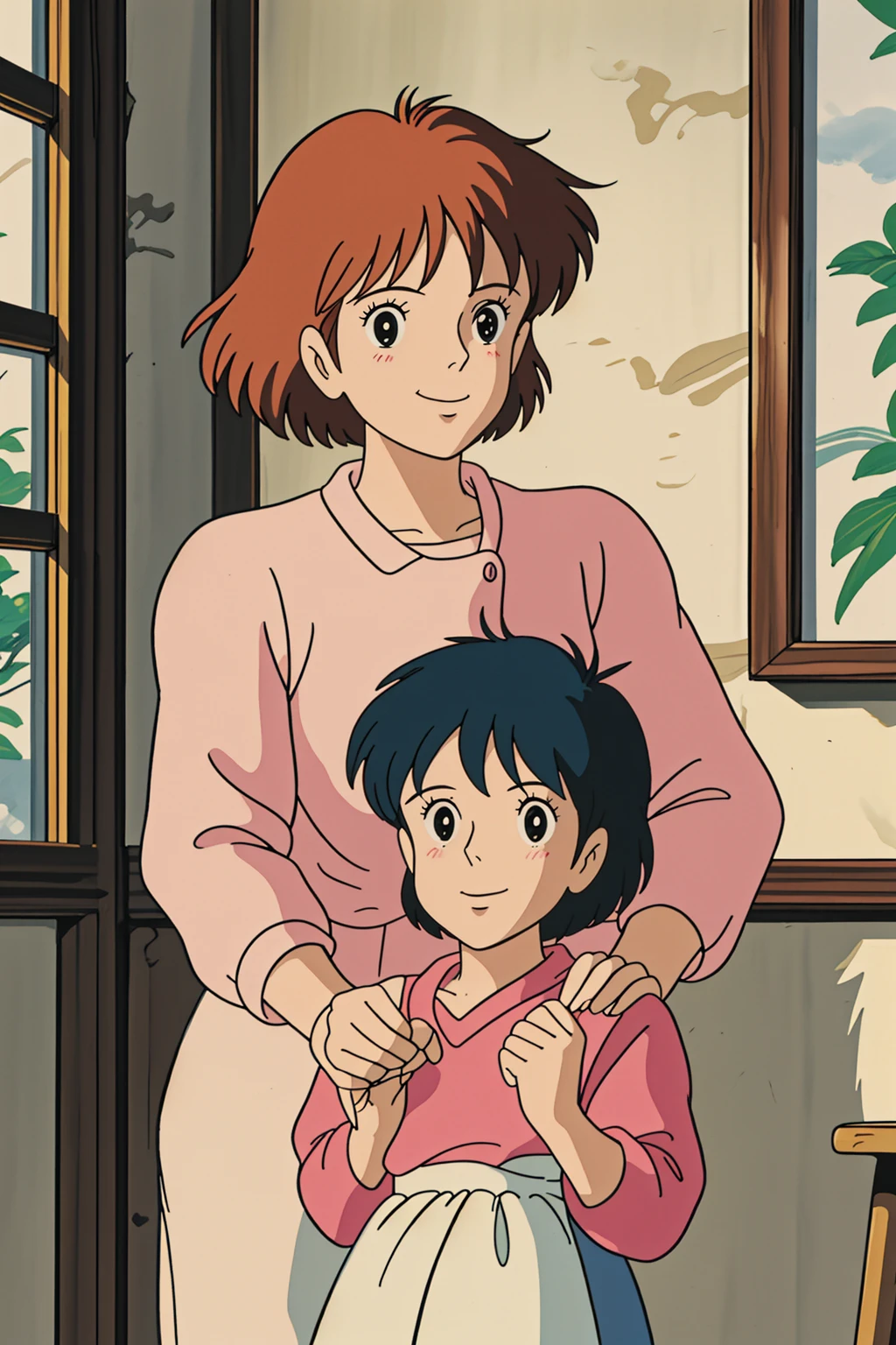 Wrinkled old woman and her granddaughter smiling
,retro artstyle,1990s \(style\),anime coloring,l