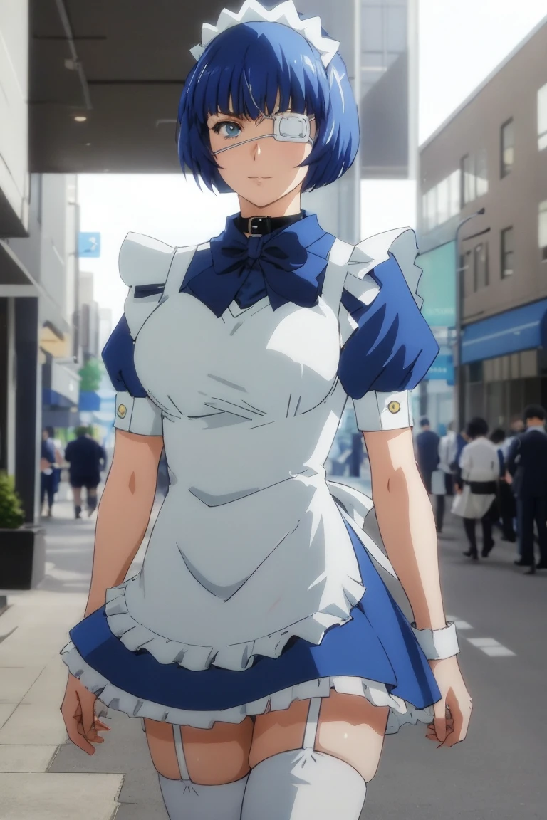 <lora:shimeiryomou-05:0.6>,  ,((short hair, blue hair)), (slight smile),(eyepatch),, , shimeiryomou, a photo of a woman, blue dress, white apron, choker, maid headdress, thighhighs,  walking, outdoors, city sidewalk, ((detailed eyes, detailed face))