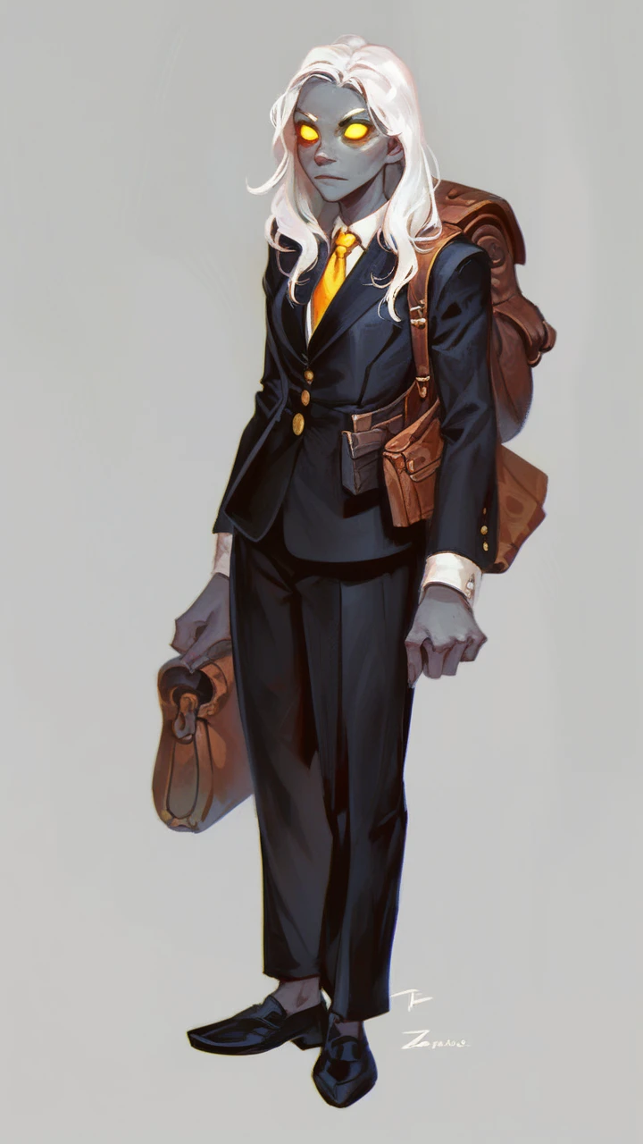 score_9,score_8_up,score_7_up,
solo,1girl,f3tchl1ng,grey skin,yellow eyes,no pupils,no sclera,glowing eyes,white hair,long hair,tuxedo shirt,tuxedo jacket,tuxedo pants,black dress shoes,necktie,adjusting necktie,backpack,bag,pouch,standing,full body,simple background,black background,