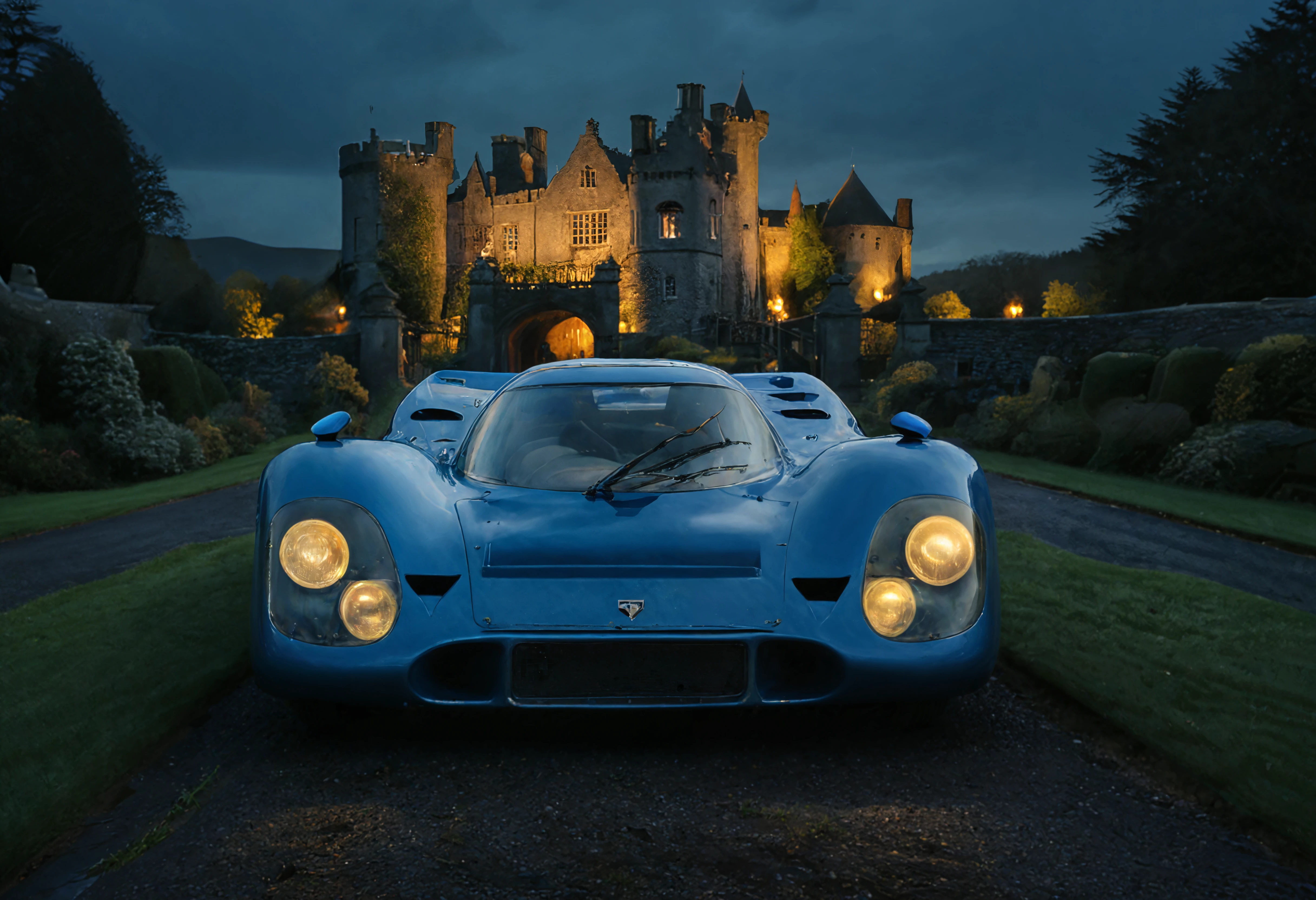 a photograph of a sports car, p0rsche9l7xl,     Moonlit Night: Moonlight casting a silvery glow, providing a mystical and romantic atmosphere., Azure Blue,  front view , A historic, ivy-covered castle in Scotland., dark, low-key,   low color saturation, concept art, perfect composition, masterpiece, professional photography, zeiss lens, shot on dslr 64 megapixels, sharp focus, intricately detailed, dramatic, tilt shift, f/32,