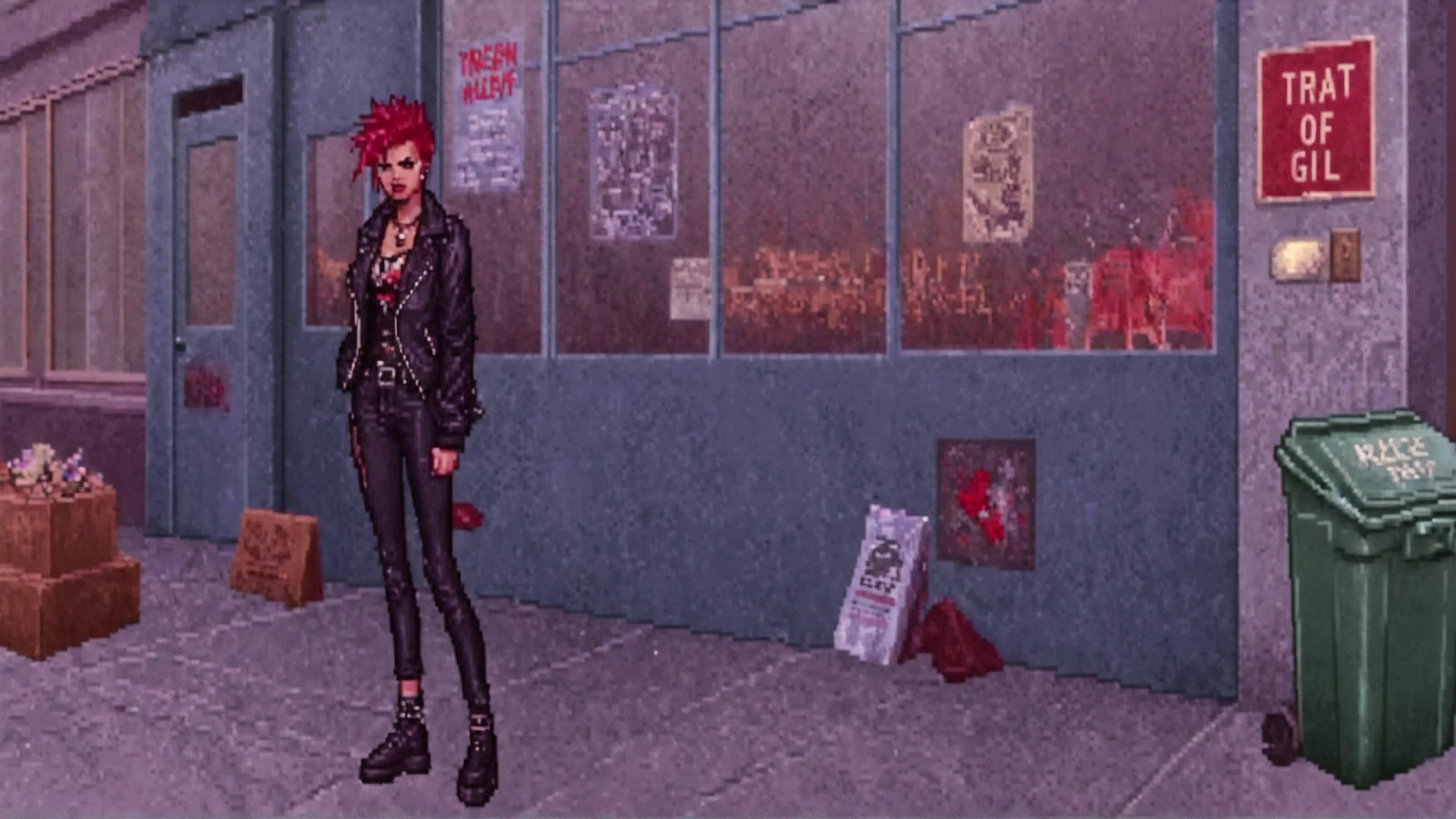 KGBConspiracy, punk girl, sidewalk, storefront, trash