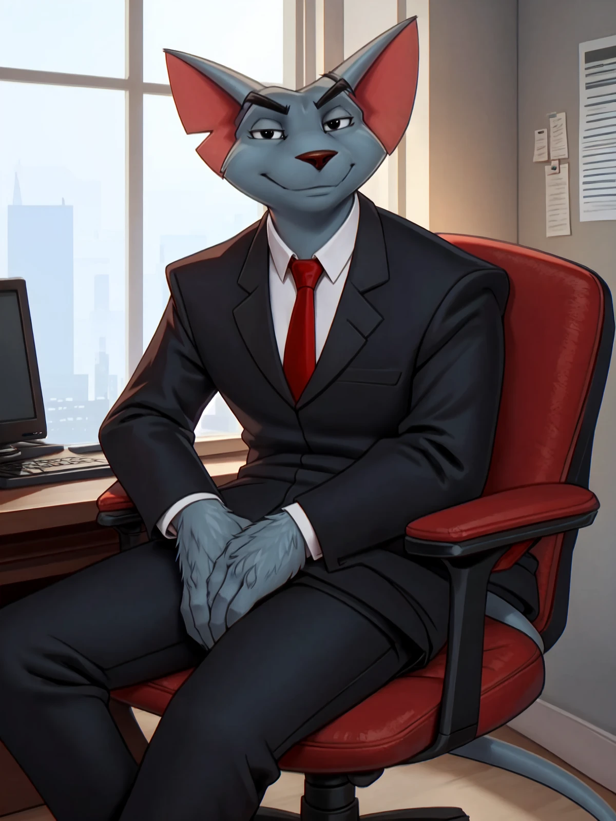 this photograph depicts garytherat casually sitting in an office chair, garytherat,rodent:1.2,rat:1.2,sitting in chair, office chair, desk, anthro, suit, necktie, pants, rodent tail, barefoot, detailed fur, male,solo, simple eyes, looking at viewer, one eyebrow raised, cinematic lighting, anatomically correct, symmetrical,4k,hi res,insanely detailed, inside, office, modern aesthetic, ultra realism shading,natural light,dim light,low light, by venlightchaser, by tanutanuki,<lora:garytherat_YM:0.8>, digital media (artwork), by personalami, by zackary911, by feralise