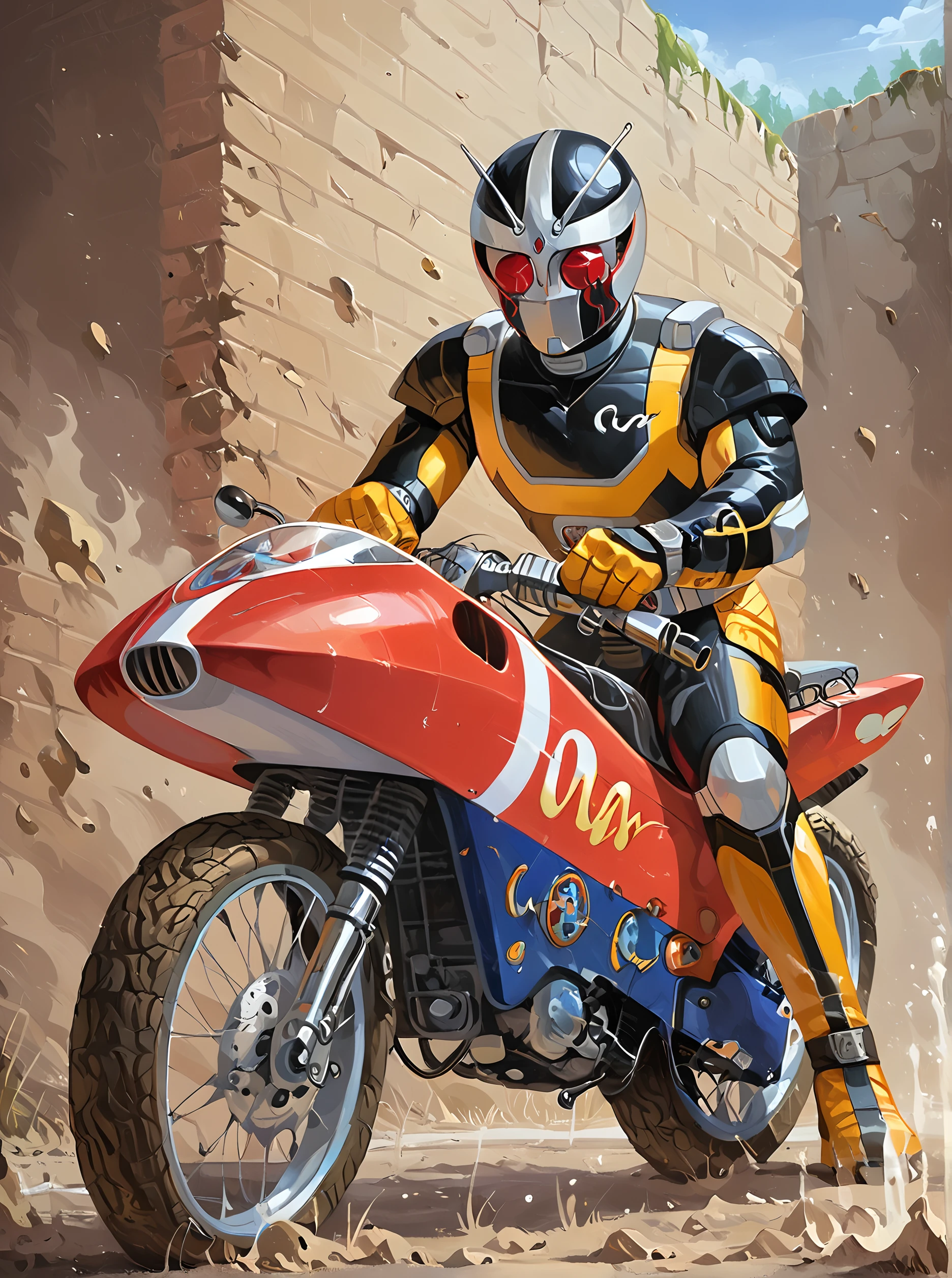 score_9, score_8_up, score_7_up, masterpiece, source_realistic,kamen rider, motorcycle, motor vehicle, ground vehicle, weapon, 1boy, male focus, riding<lora:sn0wStyle:1> <lora:HKHorrorXL:1>,    <lora:Roborider_Kamen_rider_black_RX_1988:1>