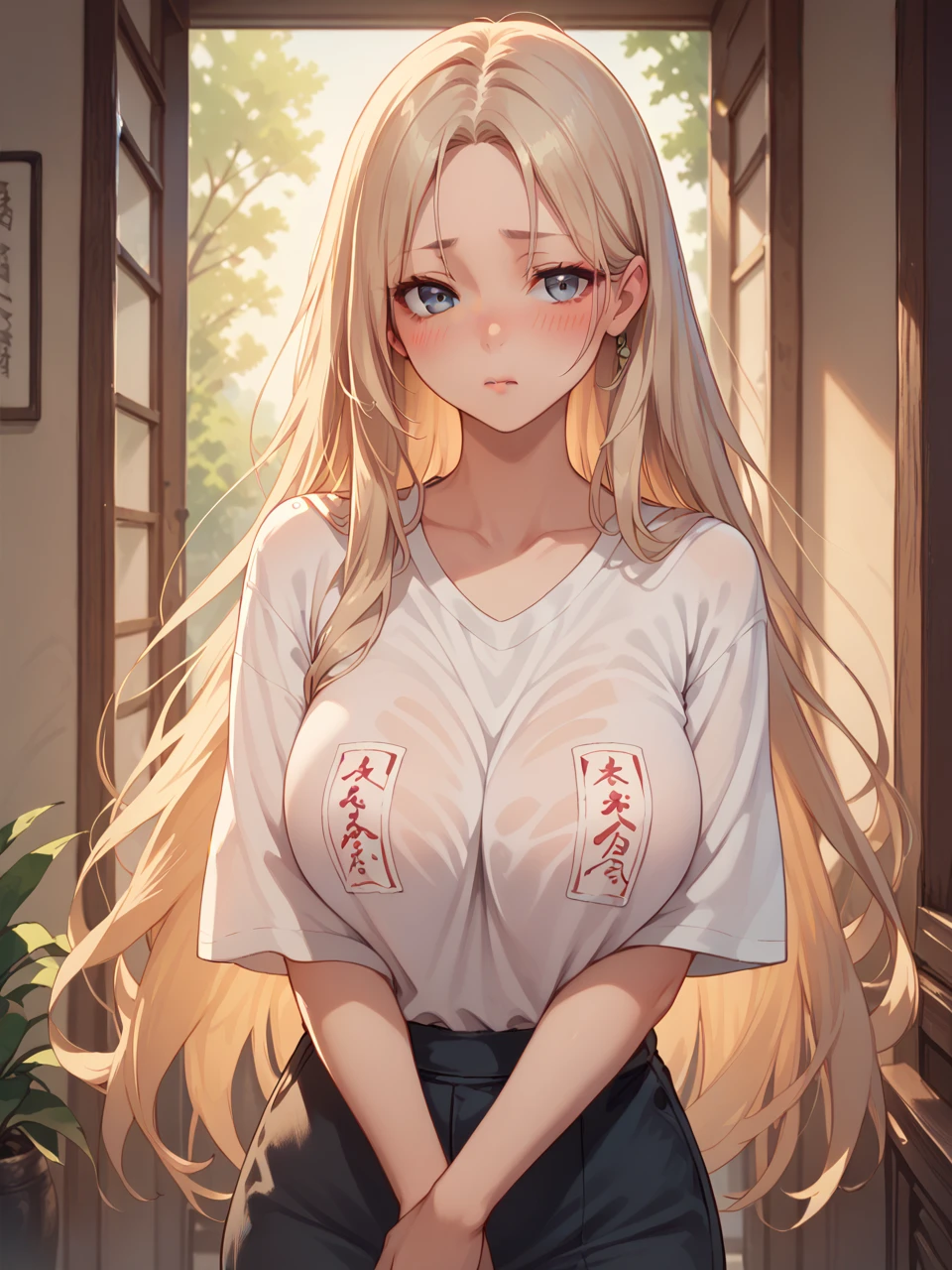 score_9, score_8_up, score_7_up, long ofuda, 1girl, solo, long hair, breasts, blush, large breasts, shirt, indoors, 
<lora:ofudaPony:1>