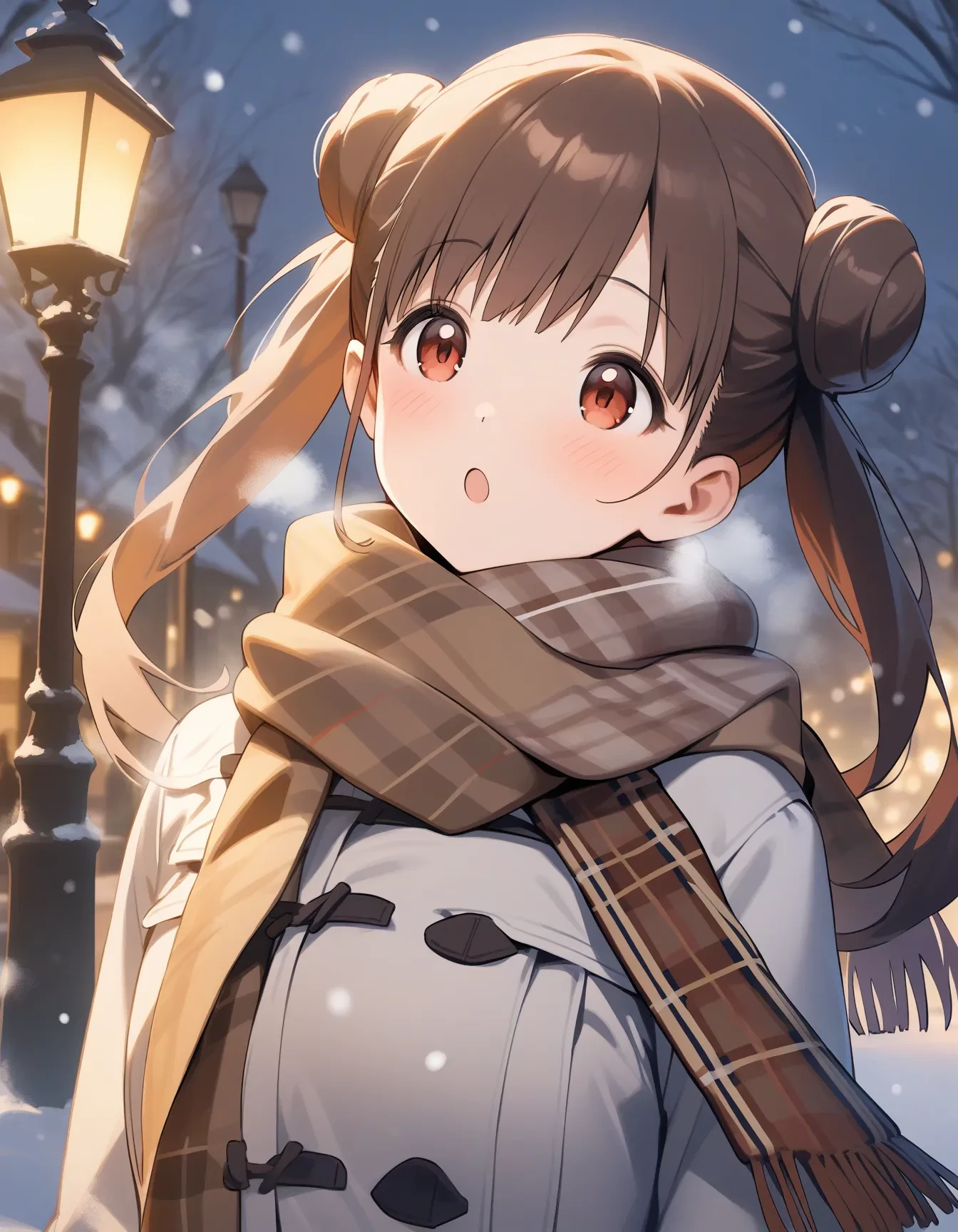 c_sonoda, :o, long hair, red eyes, solo, blush, breath, brown hair, brown scarf, coat, double bun, hair bun, lamppost, outdoors, plaid, plaid scarf, scarf, sideways glance, smile, snow, snowing, solo focus, twintails, upper body, white coat
masterpiece, best quality, very aesthetic, absurdres
<lora:c_sonodaXL_animagine:1>