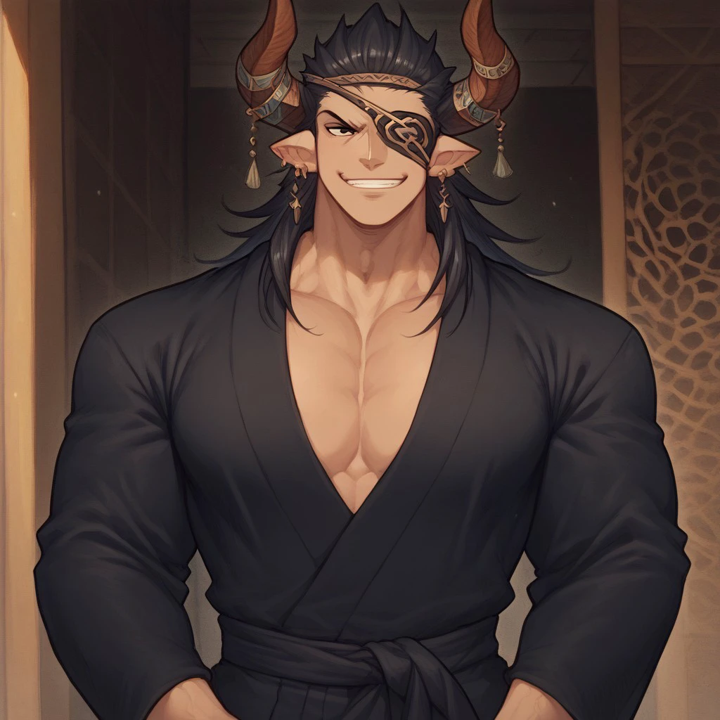 score_9, score_8_up, score_7_up, male, source_anime, 1boy, solo, Reingbf, long hair, horns, eyepatch, jewelry, bare pectorals, yukata, dark yukata, black yukata, golden patterns, smirk, BREAK,
outside, town center, sunny