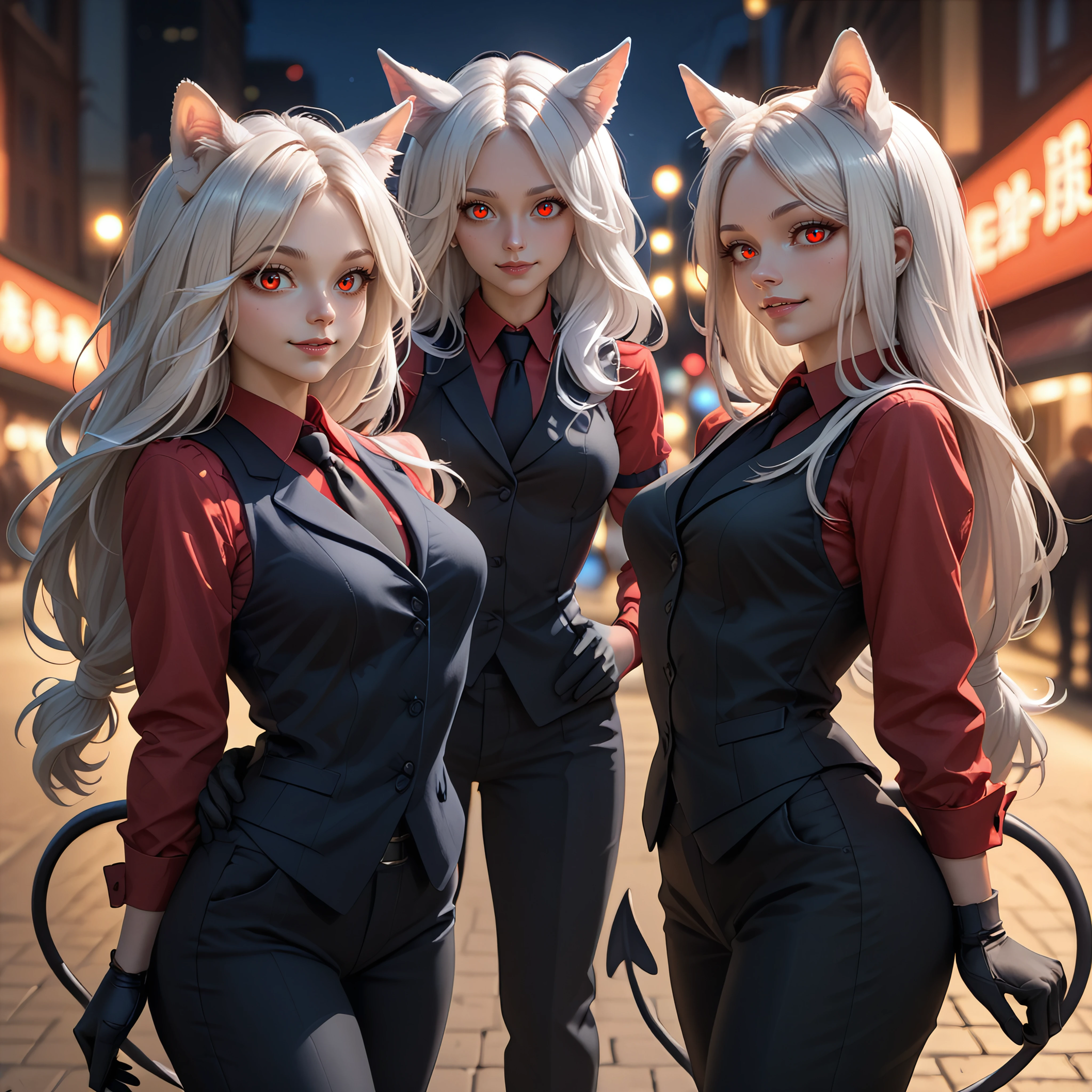 score_9, score_8_up, score_7_up BREAK outdoors,street,night,bokeh,neon,depth of field,3girls,white hair,red eyes,htcerberus, low-tied long hair, animal ears, demon tail,red shirt, black necktie, long sleeves, arm garter, black gloves, black vest, waistcoat, black pants, hand around another's waist,looking at viewer,happy <lora:helltaker_cerberus_ponyXL:1>