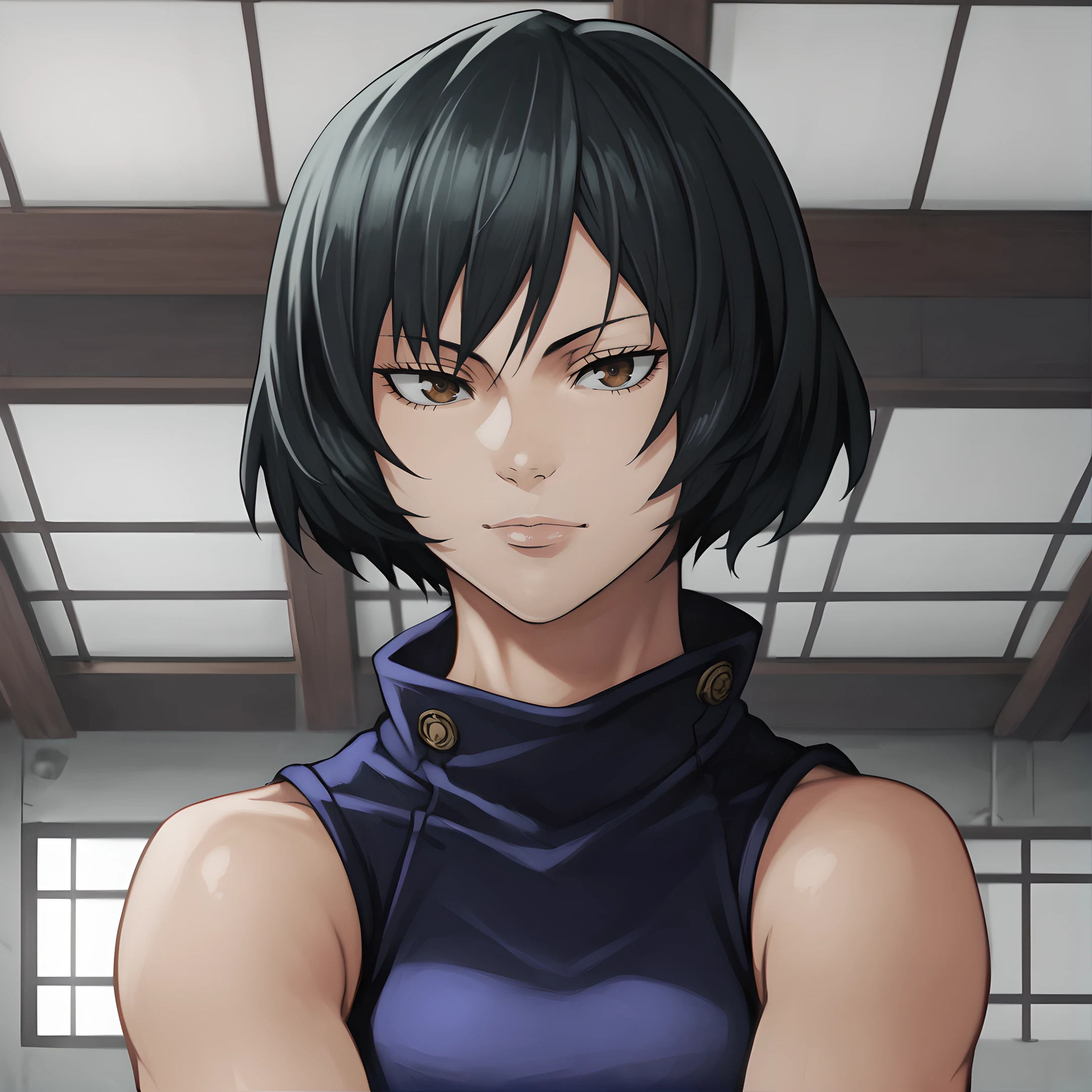 mai, solo, 1girl, short hair, black hair,dark brown eyes, looking at viewer, sleeveless, <lora:Mai_Zenin_-_Jujutsu_Kaisen:0.9>
BREAK
level_9, level_8_up, level_7_up, level_6_up, level_5_up, source_anime, masterpiece