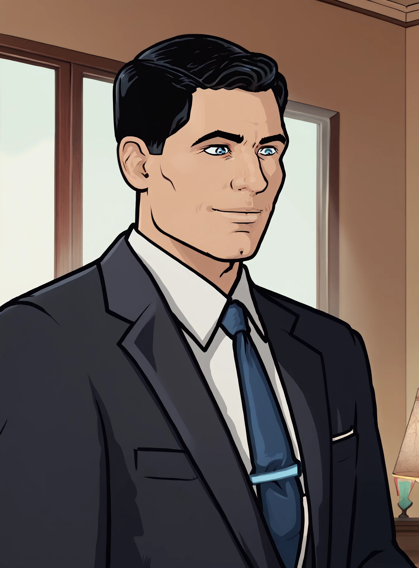 Sterling Archer, 1boy, necktie, male focus, solo, suit, blue necktie, black hair, indoors, upper body, short hair, smirk, collared shirt, blue eyes <lora:SterlingArcherPony1.0:1.0>  , score_9, score_8_up, score_7_up, score_6_up, score_5_up, score_4_up