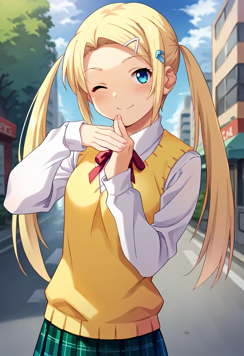 score_9, score_8_up, score_7_up, masterpiece, source_anime, 1girl, ct_yuzu, blonde hair, twintails, long hair, white hairclip, white collared shirt, long sleeves, yellow sweater vest, red neck ribbon, plaid skirt, cowboy shot, outdoors, city, depth of field, looking at viewer, smile, hand on chin, closed mouth, one eye closed, happy, facing viewer, <lora:HoshikawaYuzuha_Pony_ct_ver2:0.9>