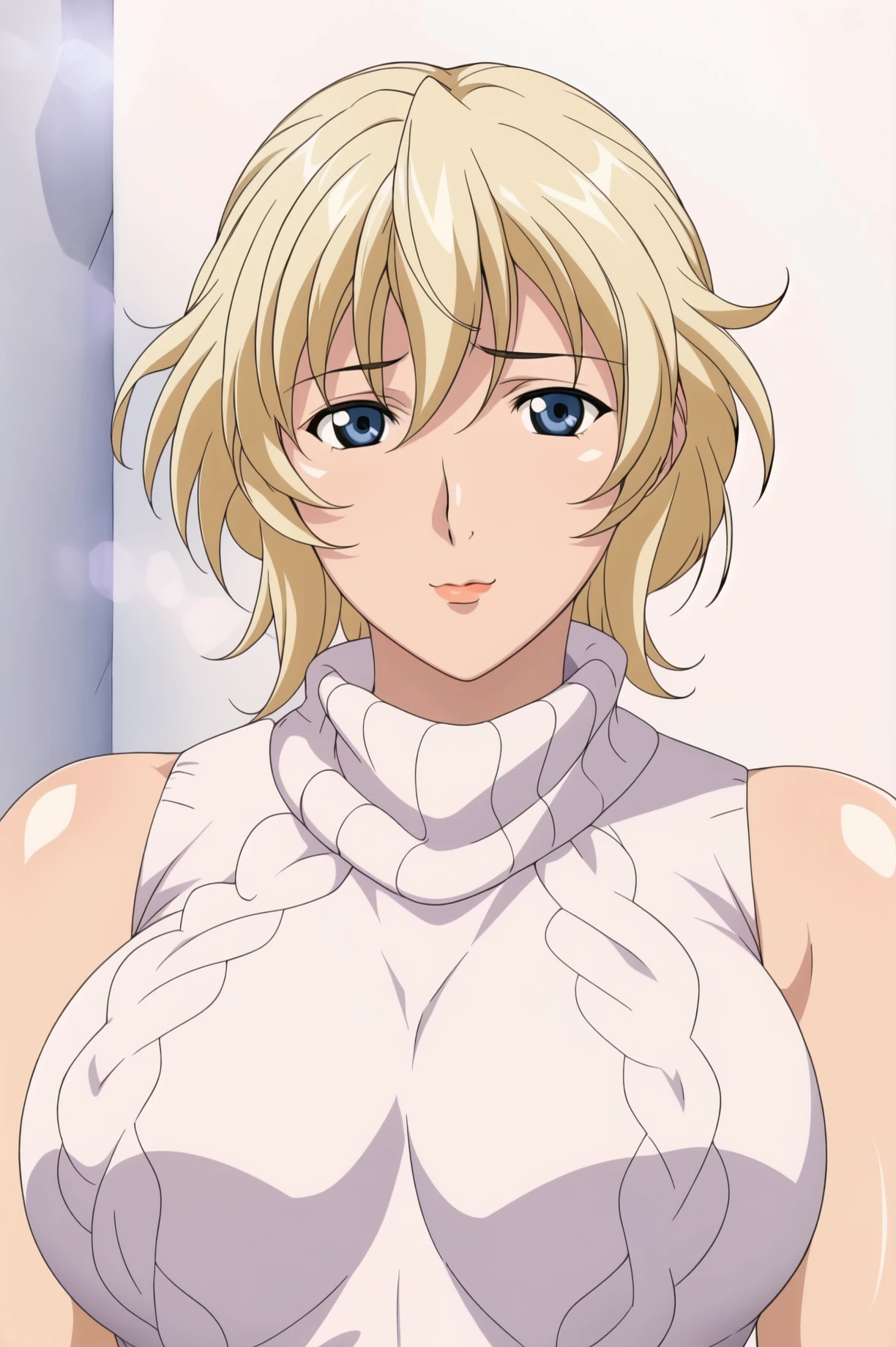 Simple Background,(White_Background:1.1),
dynamic pose,standing at attention,
White ribbed sweater, turtleneck, sleeveless, bare shoulders, bare arms, 
<lora:Yuuka_Konishi_DarkShell-KK77-V1:0.7>,
blue eyes, blonde hair, bangs,Short hair,Makeup, red lipstick, 
<lora:more_details:0.1>,<lora:NovelAI_YesMix5_KKStyle-KK77-Yes5-V1:0.3>,<lora:Oda_Non_Style2-KK77-Yes5-V1:0.3>,
1 girl, 20yo,Young female,Beautiful long legs,Beautiful body,
Beautiful Nose,Beautiful character design, perfect eyes, perfect face,expressive eyes,perfect balance,
looking at viewer,(Focus on her face),closed mouth, (innocent_big_eyes:1.0),(Light_Smile:0.3),
official art,extremely detailed CG unity 8k wallpaper, perfect lighting,Colorful, Bright_Front_face_Lighting,White skin,
(masterpiece:1.0),(best_quality:1.0), ultra high res,4K,ultra-detailed,
photography, 8K, HDR, highres, absurdres:1.2, Kodak portra 400, film grain, blurry background, bokeh:1.2, lens flare, (vibrant_color:1.2),professional photograph,
(Beautiful,large_Breasts:1.4), (beautiful_face:1.5),(narrow_waist),