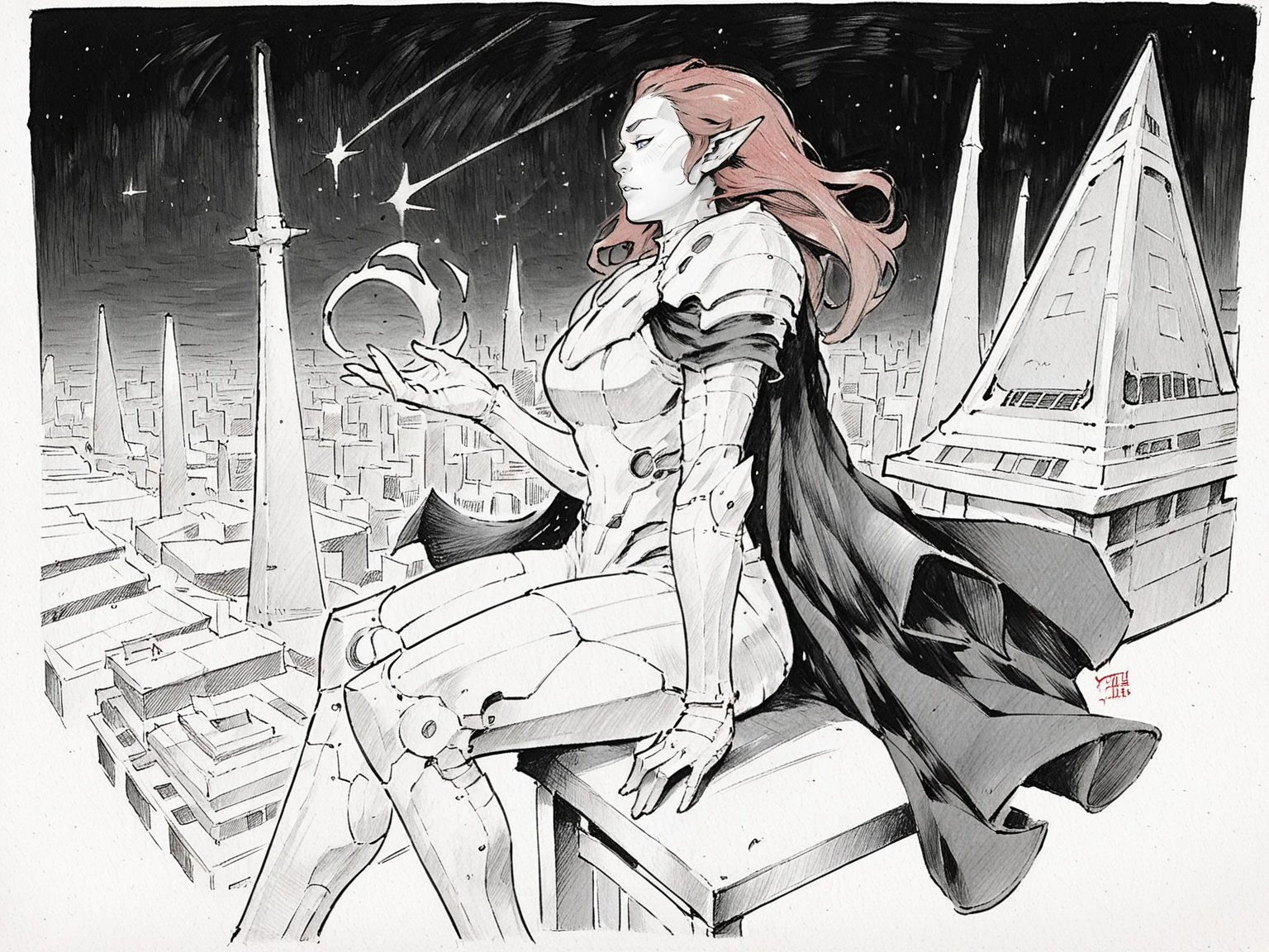 adult woman, mature, white skin, red hair, long hair, curvy, large breasts, pointy ears, blue eyes, black cape, white armor, sitting, roof, skyline background, night, purple pyramid, science fiction, wind, solo, <lora:MUZHUR:0.8>, score_8_up, score_7_up, traditional media, monochrome, greyscale