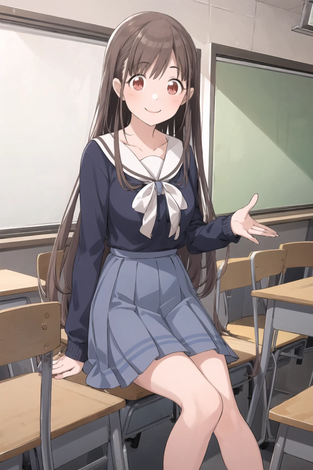 c_sonoda, 1girl, smile, red eyes, brown eyes, brown hair, long hair, bangs, sitting, plaid, school uniform, bow, white sailor collar, pleated skirt, shirt, plaid skirt, sailor collar, looking at viewer, long sleeves, classroom, black shirt, blush, serafuku, half open mouth, blue skirt, collarbone, cowboy shot <lora:c_sonoda:1>