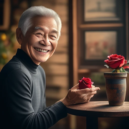 Offering a rose to the viewer and smiling