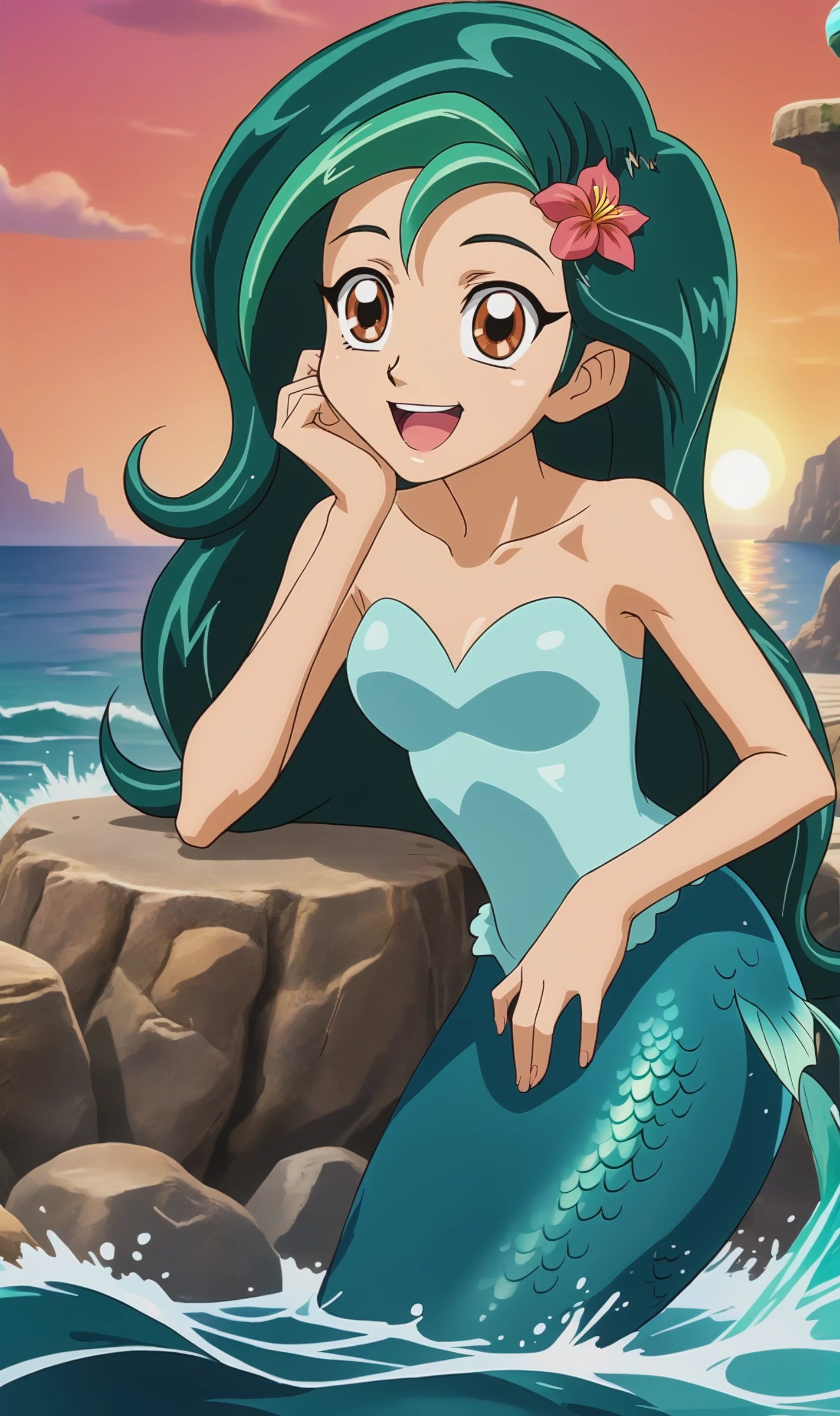 TM, 1girl, solo, green hair, very long hair, brown eyes, human ears, mermaid, frill top, on top of rock, arm rest, ocean splash, ocean, sunset, bright, happy,<lora:Tori Meadows Pony XL:0.75>