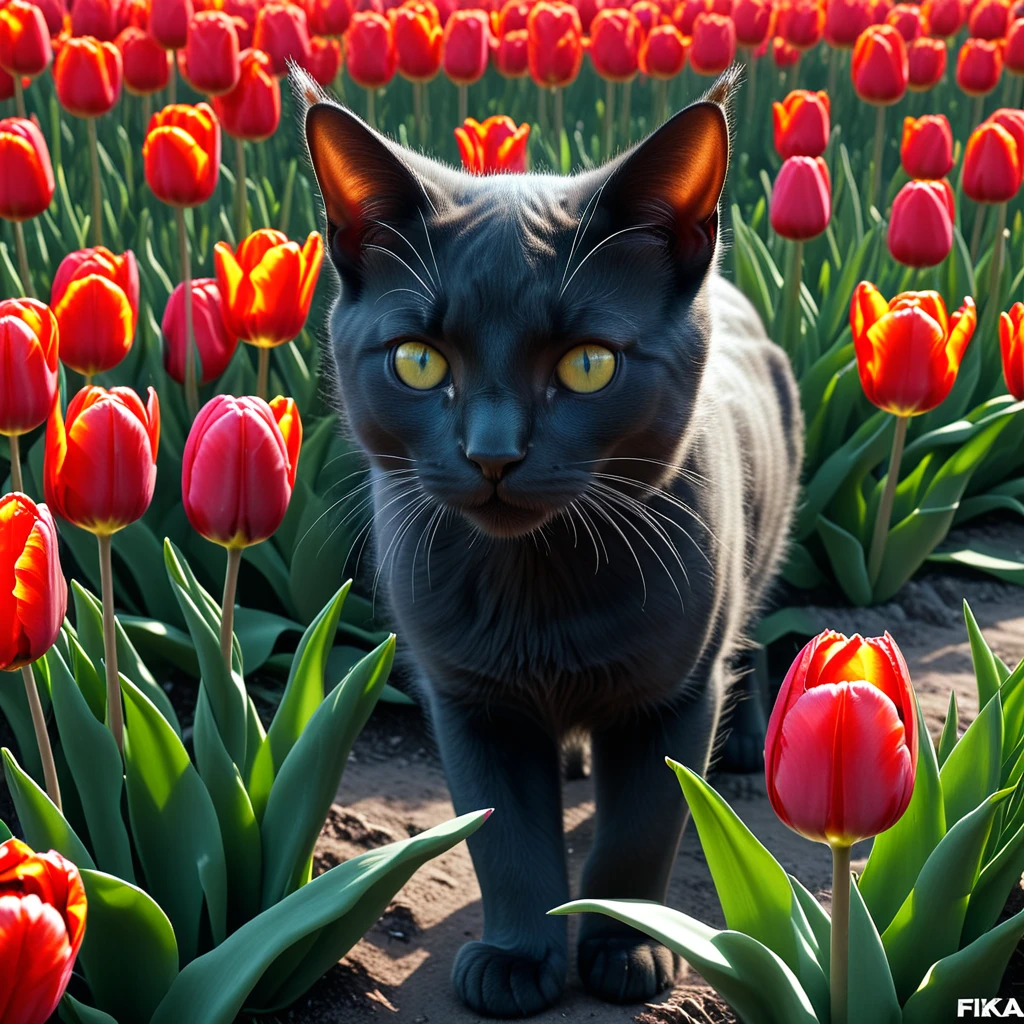 black cat, my flower landscape tulips, raw, masterpiece, extreme ultra best picture, extreme ultra intricate creative detail, extreme hyper realistic detail, extreme ultra hyper photo realism, extreme ultra-hyper immersive visuals, extreme 3D realistic, ultra 4080p, HD, VFX, SFX, FKAA, TXAA, RTX, SSAO, portrait shot, 5 perfect fingers