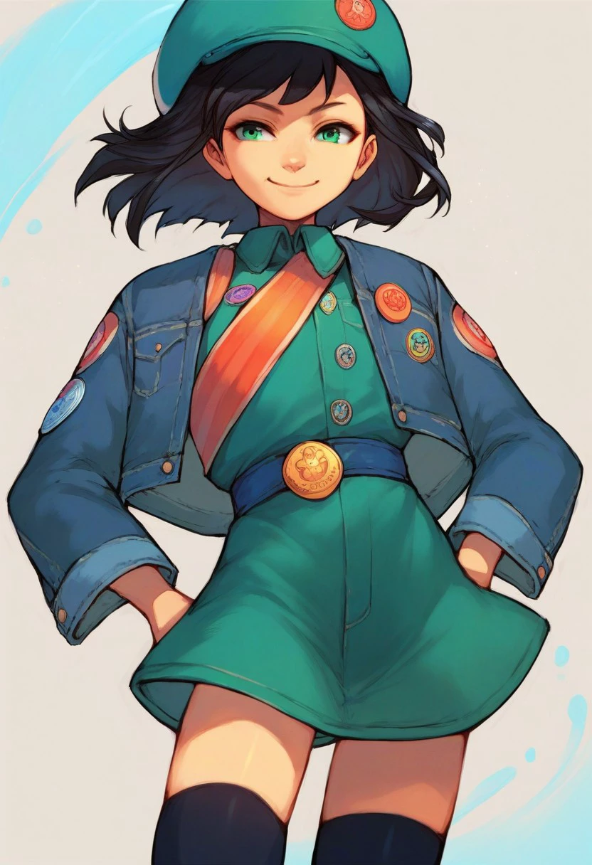 score_9, score_8_up, score_7_up, score_6_up, score_5_up, 1girl, solo, black hair, medium hair, bangs, flat chest, girl scout, badge hat, badge sash, green dress, denim jacket, thighhighs, smile