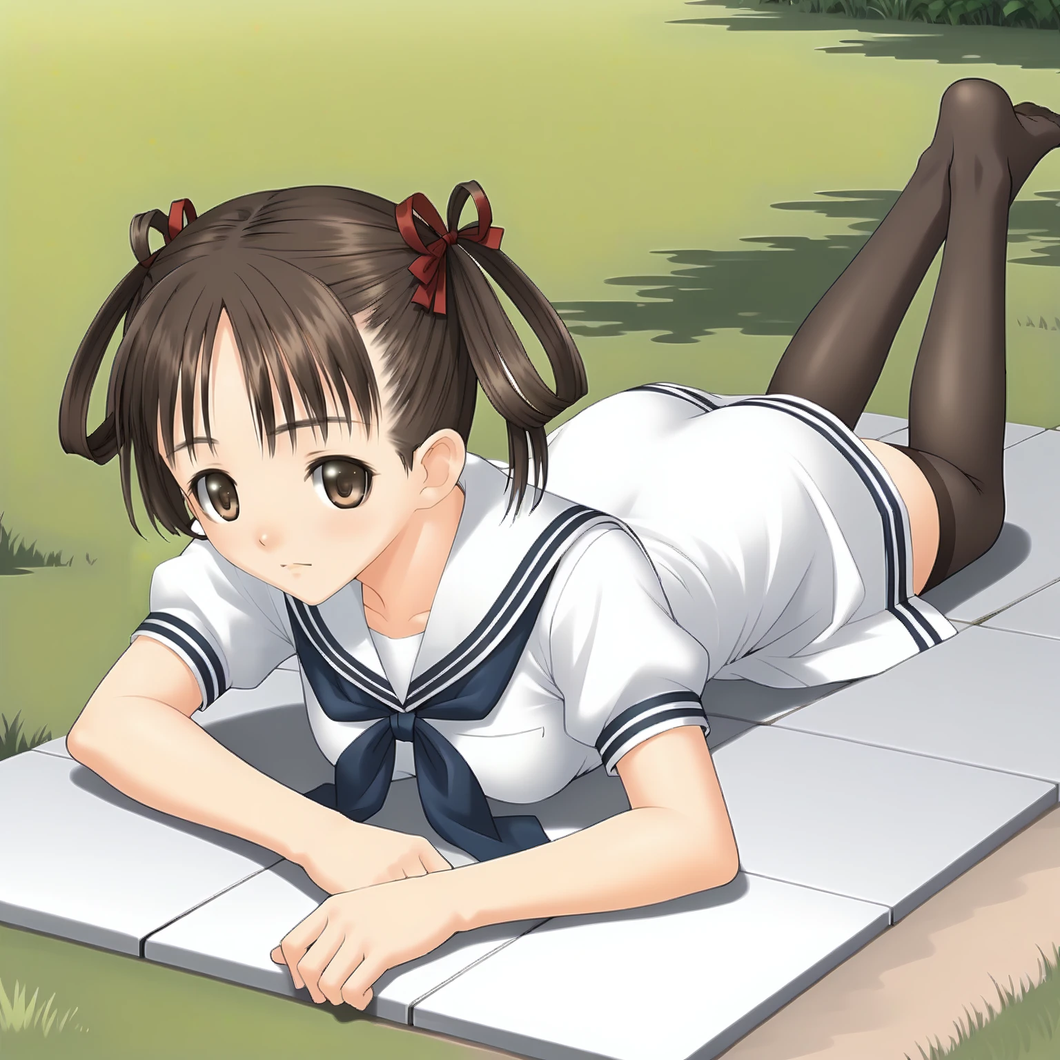 <lora:SnIMnI_NatsumeSorayamaXLpony003>,
solo,
NatsumeSorayama,1girl,brown hair,hairrings,hair ribbon,twintails,brown eyes,medium breasts,
white sailor color,white dress,short_sleeves,
black_thighhighs,
outdoors,
full body,on stomach,the_pose,