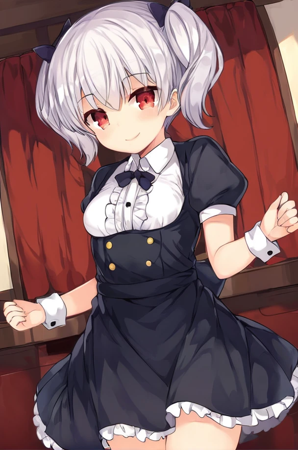 Solo, 1girl, female, yoru_nh, white hair, red eyes, twintails, short hair, small breast, bangs, black hair bow, hair between eyes, cute face, perfect anatomy, detailed skin, detailed eyes, detailed lips, perfect hands, perfect face, smiling, happy, BREAK wrist cuffs, black dress, center frills, puffy short sleeves, frills, white shirt, BREAK standing, indoors, house, colorful, looking at viewer, dutch angle, front-side view, BREAK ((ultra-detailed)), ((best quality)), ((best quality)), ((beautiful eyes)), ((extremely detailed)), 4K, (8K), best quality, (beautiful), Master piece, highres, score_9, score_8_up, score_7_up, score_6_up, score_5_up, score_4_up, colorful, best quality, official art, highres, masterpiece, nai3, god light, detailed background, high quality background, <lora:add_details_xl:1> <lora:light_sharp_style_magin3.1:1> <lora:Yoru_Nightmare_Hunter:0.8>