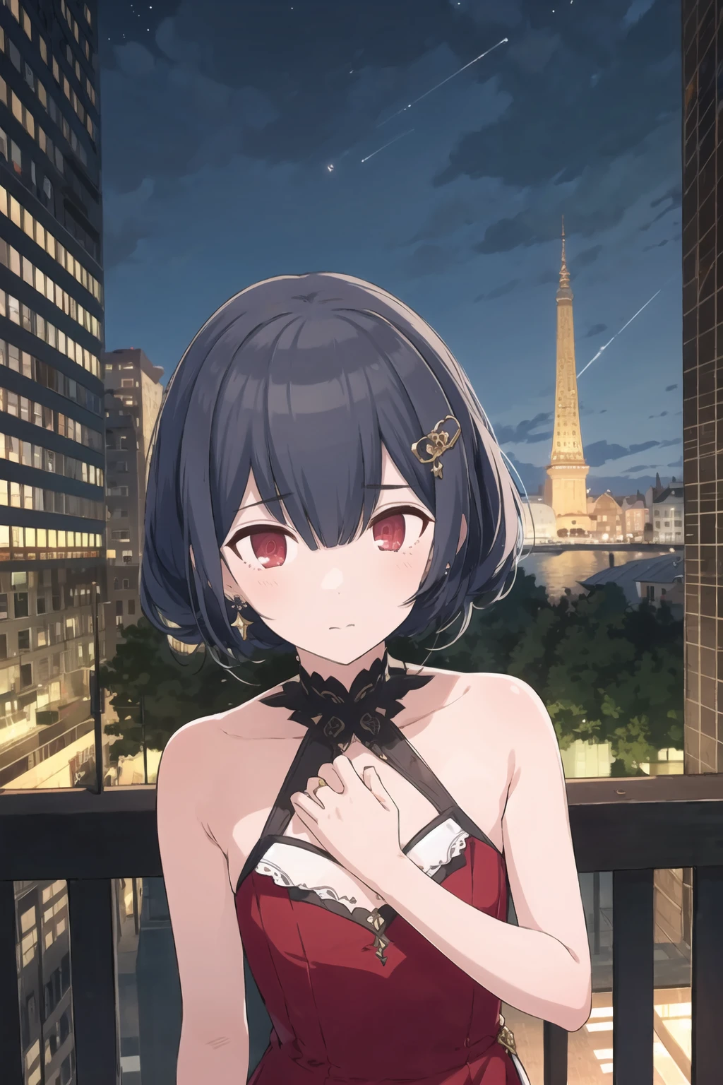 r_morino, 1girl, solo, red eyes, short hair, black hair, blue hair, bangs, hair between eyes, (flat chest:1.2), single hair bun, hair bun,bare shoulders,blush,city,closed mouth,dress,earrings,frilled dress,frills,fur trim,hair ornament,hand on own chest,jewelry,looking at viewer,night,night sky,outdoors,red dress,sky
 <lora:r_morino:1>