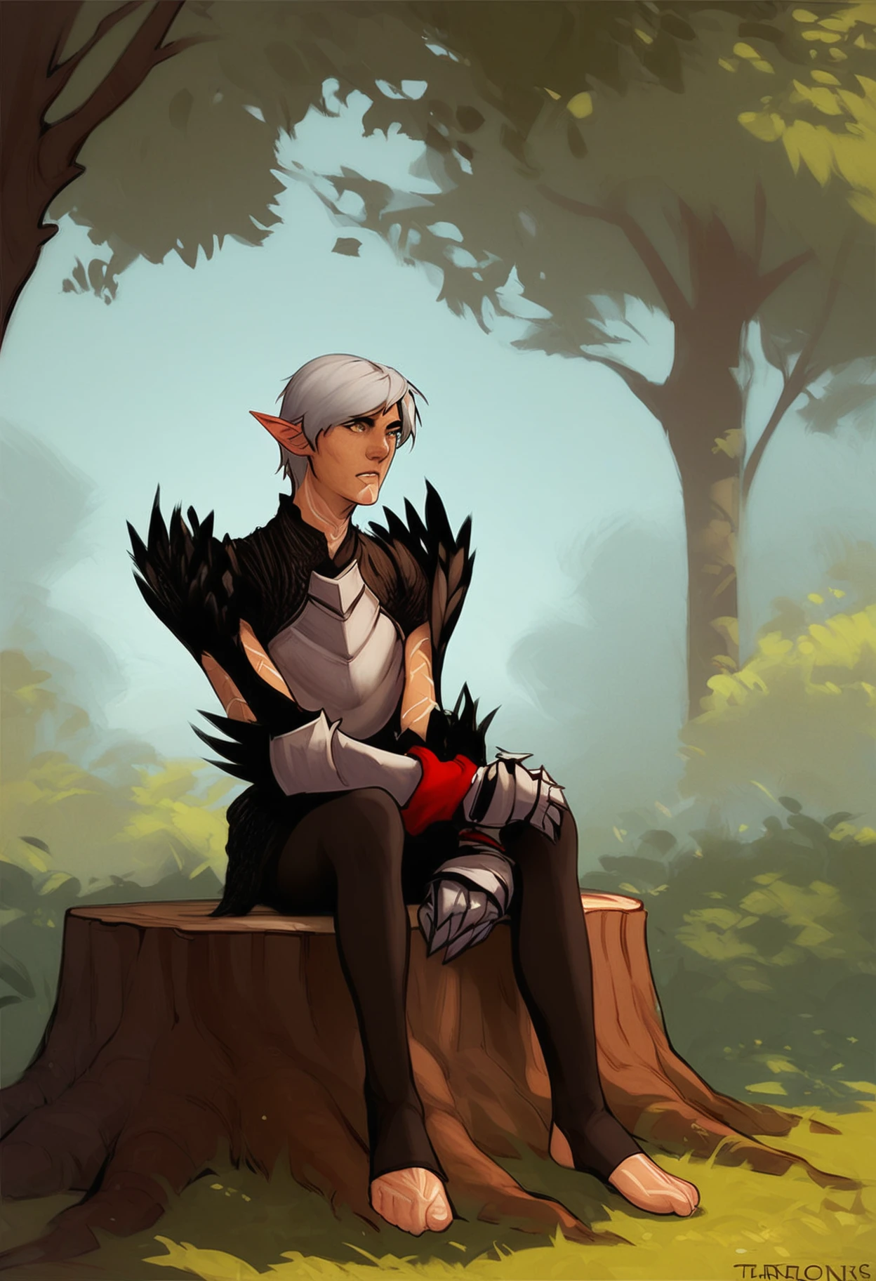 bludwing style, score_9, score_8_up, score_7_up, score_6_up, score_5_up, score_4_up, 1boy, solo, fenris, sitting on a tree stump. he has grey hair, hazel eyes, white body markings, pointy ears. he wears black armor with open sleeves, silver breastplate, black feather pauldrons, silver gauntlets with black feather trim,  black stirrup leggings. A red cloth is wrapped around his right wrist.  <lora:fenris_1_sdxl:1>