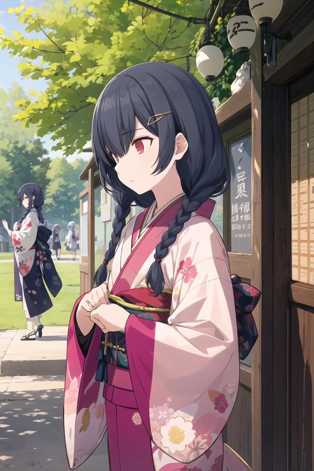 r_morinoFCW, straight hair, 1girl, solo, red eyes, medium hair, black hair, blue hair, bangs, hair between eyes, (flat chest:1.2), braid,dot nose,twintail,hair ornament,hairclip,hands up,japanese clothes,kimono,long sleeves,looking afar,obi,outdoors,purple kimono,playing with own hair,print kimono,sash,sidelocks,summer festival,twin braids,yukata
 <lora:r_morino:1>