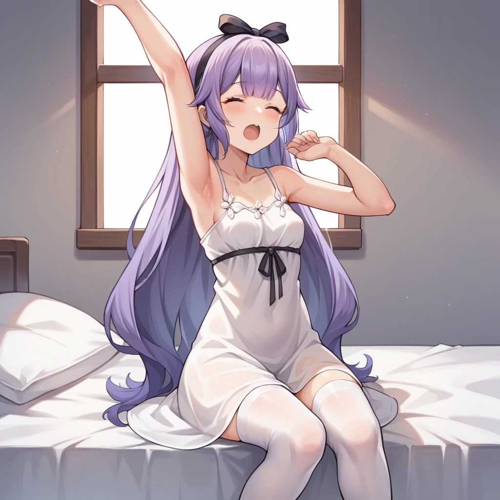 score_9_up, score_8_up, score_7_up, source_anime, masterpiece, best quality, 1girl, solo, UnicornAzur, Uni_Gown, morning, sunlight, window, sitting on bed, yawn wink, stretching arm out, unicorn (azur lane), purple hair, long hair, nightgown, white nightgown, hair bow, hairband, white thighhighs, collarbone, black ribbon, small breasts, dynamic cowboy shot, indoors, bedroom background