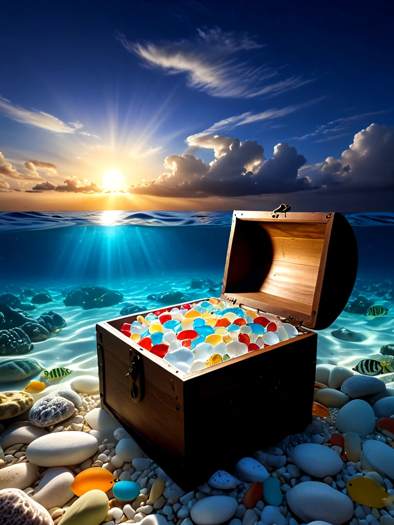 treasure chest underwater illumination, deep water, ocean, sea, multicolored glass pebbles, transparent, glowing, reflection, fish, sky, sun, <lora:glasspebblesunderwater_sdxl:0.5>