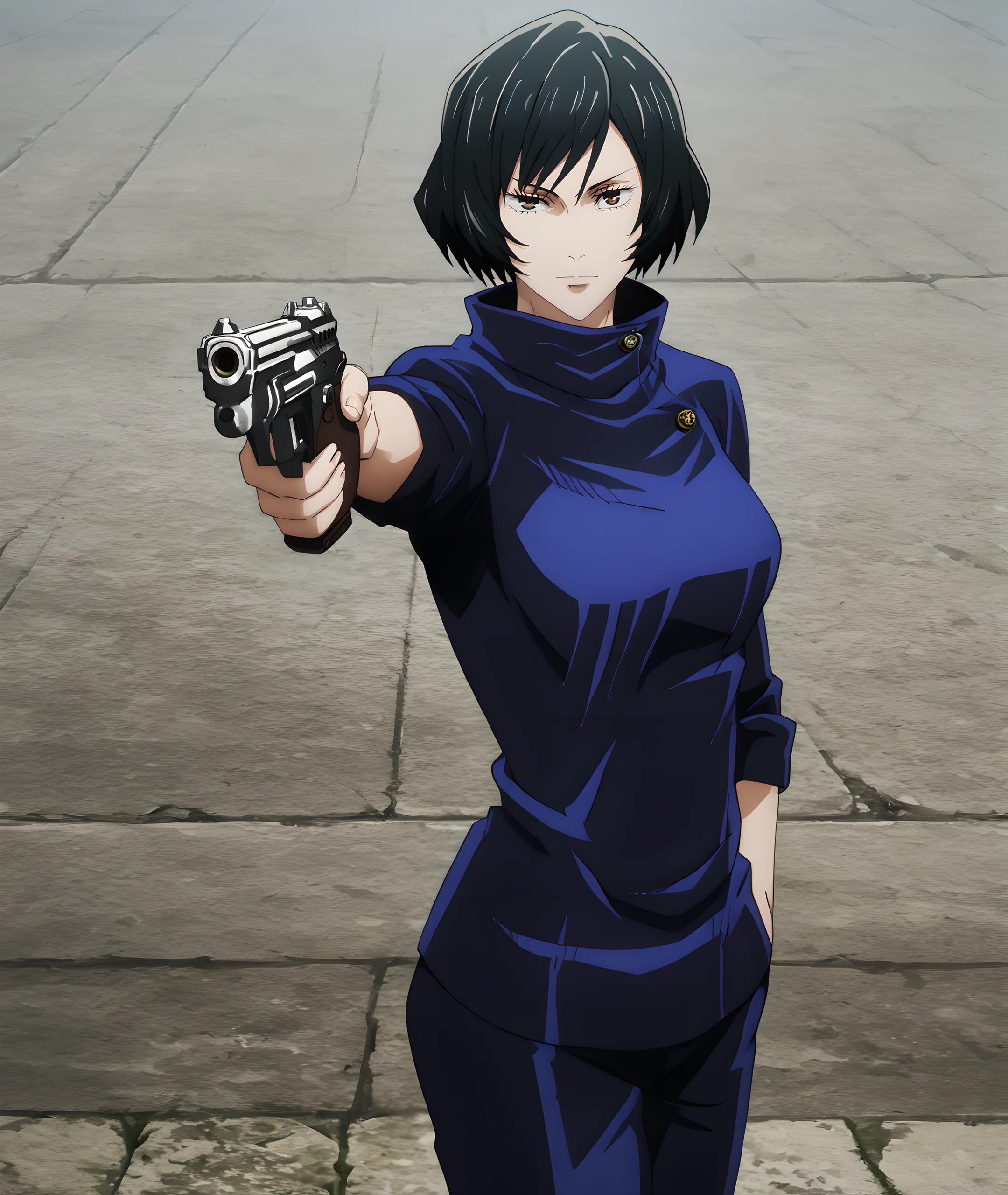 mai, solo, 1girl, short hair, black hair,dark brown eyes, looking at viewer, <lora:Mai_Zenin_-_Jujutsu_Kaisen:0.9>
BREAK
level_9, level_8_up, level_7_up, level_6_up, level_5_up, source_anime, masterpiece 
BREAK
hand in pocket, aiming, holding weapon, holding gun, handgun, looking at viewer,  <lora:YusufDikecGunPose_pdxl_Incrs_v1:0.7>
BREAK
outdoor background,  <lora:Jujutsu_Kaisen:0.7>