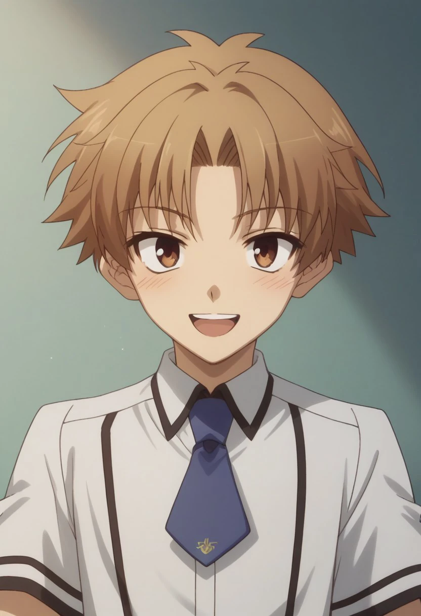 score_9, score_8_up, score_7_up, source_anime, highly detailed, 
akihisayoshi, 1boy, male focus, brown eyes, solo, brown hair, smile, open mouth, shirt, necktie, blue necktie, blush, white shirt, school uniform, short sleeves, blue pants, looking at viewer,