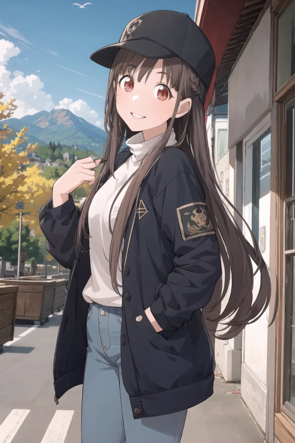 c_sonoda, 1girl, smile, red eyes, brown eyes, brown hair, long hair, bangs, looking at viewer, parted lips, jacket, standing, long sleeves, black jacket , hat, denim, outdoor, landscape<lora:c_sonoda:1>