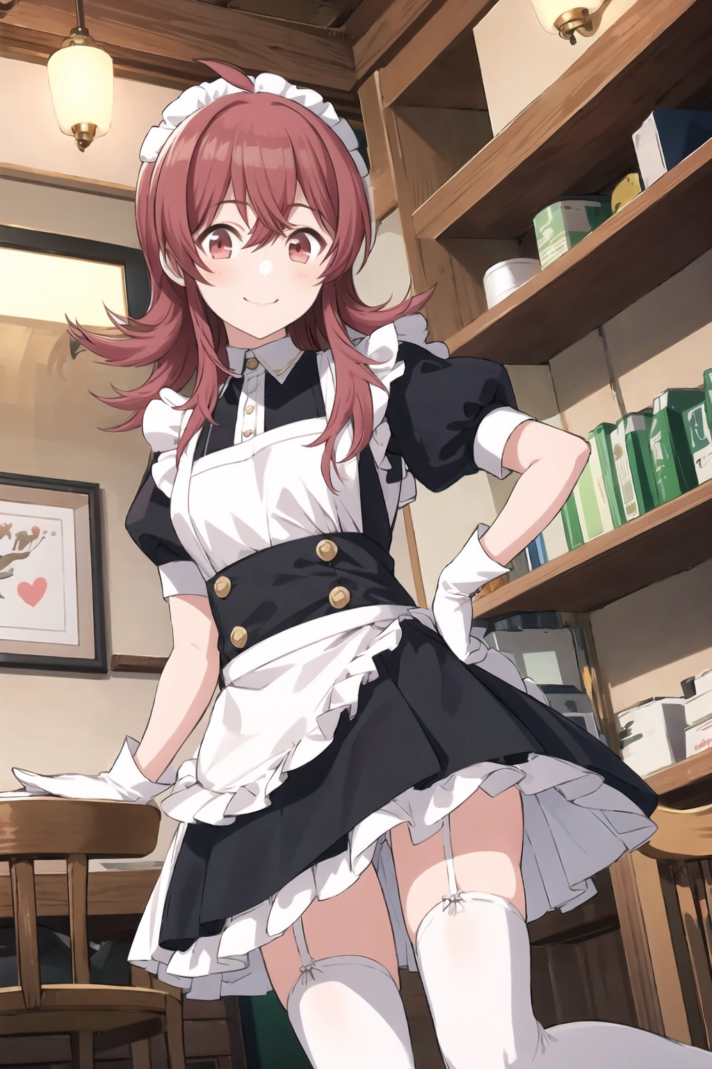 k_komiya, 1girl, long hair, looking at viewer, ahoge, red eyes, red hair, bangs, hair between eyes, smile, ^^, apron,black dress,blush,dress,enmaided,gloves,heart,looking at viewer,maid,maid apron,name tag,outside border,puffy short sleeves,puffy sleeves,short sleeves,thighhighs,white apron,white gloves,white thighhighs<lora:k_komiya:1>