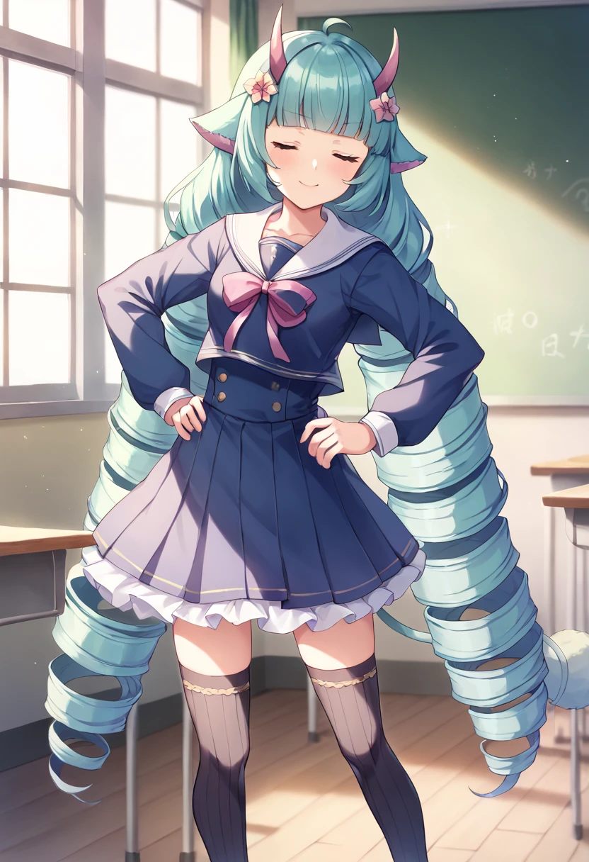 score_9,score_8_up,score_7_up,source_anime,masterpiece,best quality,game cg,1girl,solo,little_girl,delmin_(show_by_rock!!),pokoe_clo,very long hair,drill hair,blue hair,closed eyes,twin drills,blunt bangs,horns,animal ears,hair ornament,tail,<lora:delminSB69:0.8>,school uniform,blue shirt,blue skirt,white sailor collar,long sleeves,pink bow,hands on own hips,<lora:pokoeSB69:0.8>,smirk,looking_at_viewer,classroom,black thighhighs,window,standing,closed mouth,:>,legs_apart,