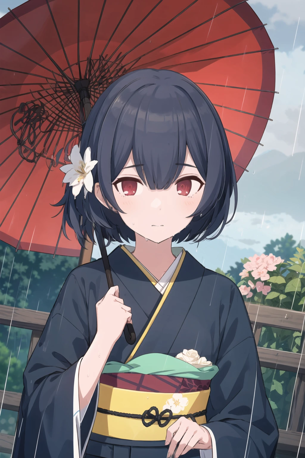 r_morino, 1girl, solo, red eyes, short hair, black hair, blue hair, bangs, hair between eyes, (flat chest:1.2), blue kimono,blush,character name,closed mouth,closed umbrella,dutch angle,flower,hair flower,hair ornament,haori,holding,holding umbrella,japanese clothes,kimono,lights,long sleeves,looking at viewer,obi,outdoors,rain,sash,sidelocks,solo,standing,umbrella,upper body,wide sleeves,rain,rainy,squall,wet
 <lora:r_morino:1>