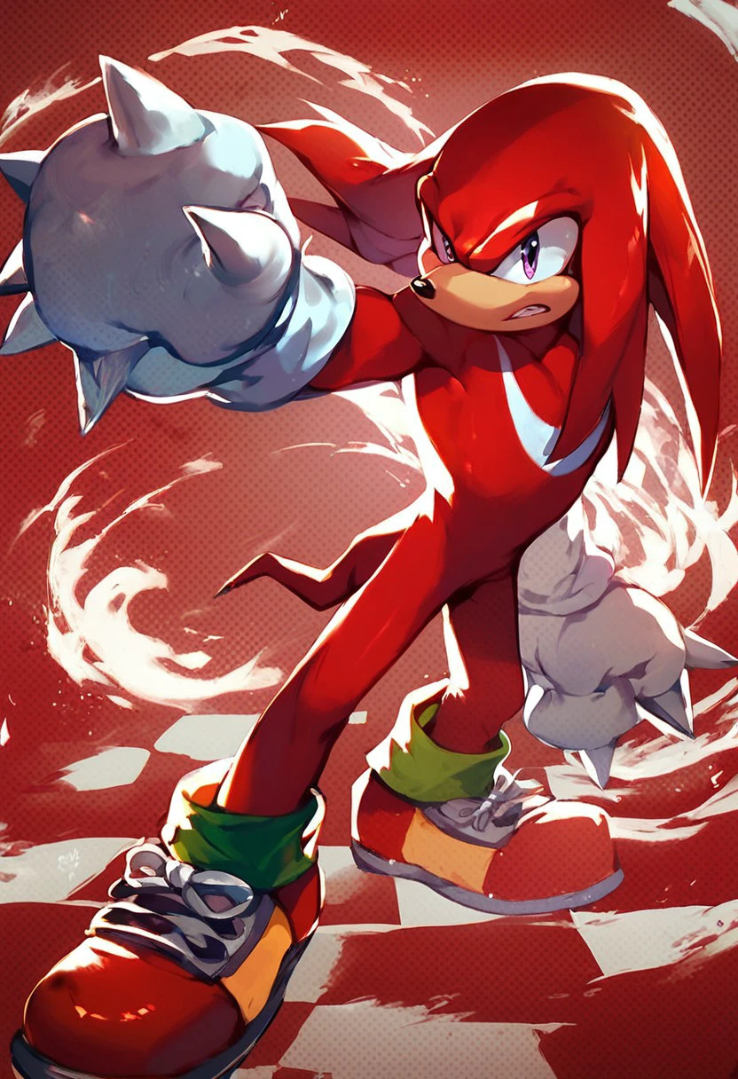 score_9, score_8_up, score_7_up, score_6_up, knuckles the echidna, solo, male, red checkered background, gloves, shoes, action pose