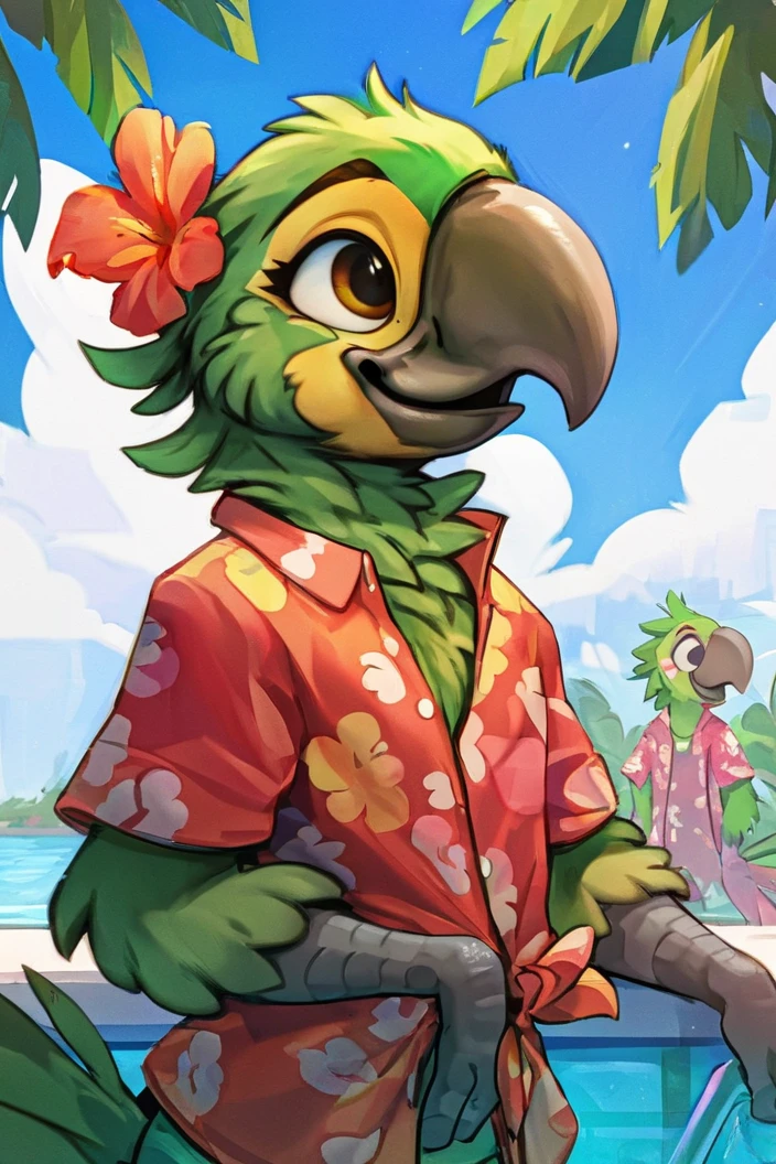 source_furry,  green parrot, wearing tropical Hawaiian shirt, smiling, expressive, sunny, by the pool,  <lora:Test 1  epoch5:0.8>, score_9, score_8_up, score_7_up,