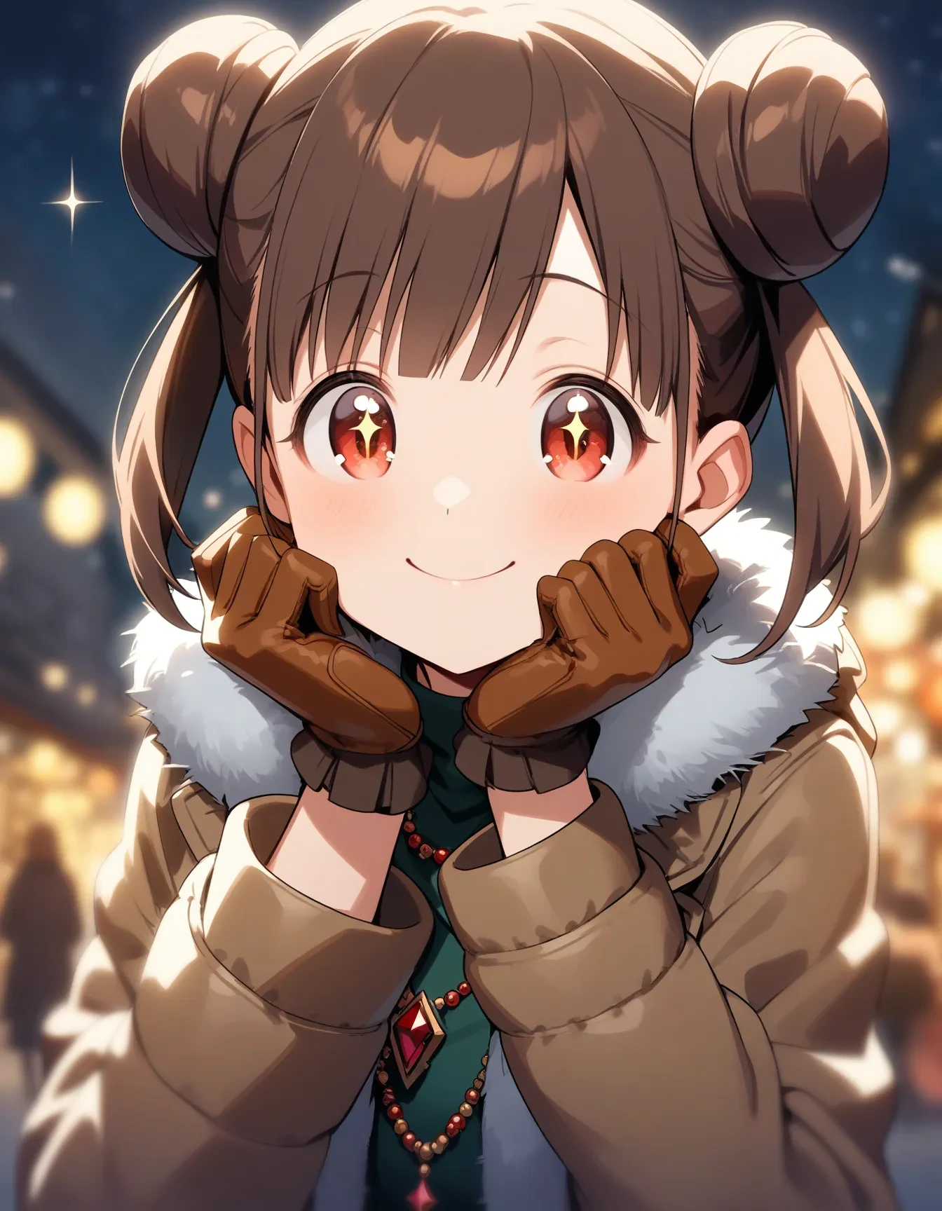 c_sonoda, 1girl, double bun, solo, hair bun, brown hair, smile, gloves, twintails, looking at viewer, red eyes, hands on own face, night, jewelry, necklace, outdoors, upper body, hands on own cheeks, bangs, brown gloves, long sleeves, blurry background, brown eyes, coat, closed mouth, fur trim, blurry, winter clothes, short twintails, ribbon, sparkle, (sparkling eyes:1.1)
masterpiece, best quality, very aesthetic, absurdres
<lora:c_sonodaXL_animagine:1>