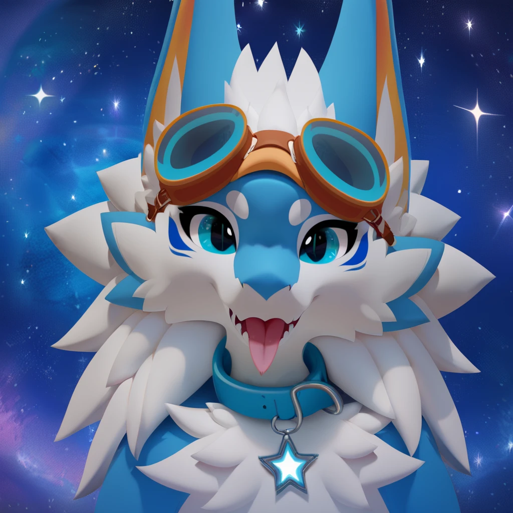 best quality,novabeast, furred dragon, goggles on head, mouth open, happy, blue eyes, light blue body, white chest tuft, space background with stars, nebula, collar, white mane, looking at viewer,  teeth, tongue, cel shading, vector art, shaded
 <lora:novabeast xl v1 rank64 pony:1>, score_9,score_8, score_7