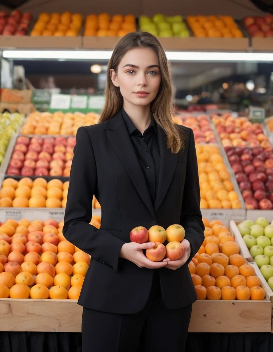A woman in a stylish black suit with a unique tie stands confidently in front of a vibrant fruit stand, showcasing apples and oranges, Soft, even lighting highlights her features and creates a balanced composition placing her centrally, The fruit stand adds a pop of color and depth to the image, The overall aesthetic focuses on fashion and everyday life,