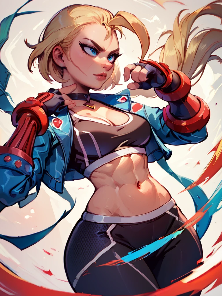 score_9, score_8_up, score_7_up,
1girl, solo, cammyms, sf6, gloves, navel, cleavage, jacket, choker, midriff, pants, fingerless gloves, crop top, scar, black pants, abs, blue jacket, cropped jacket, sports bra,
  <lora:CammyPDXL:1>  <lora:MurkyStylePony:0.85>