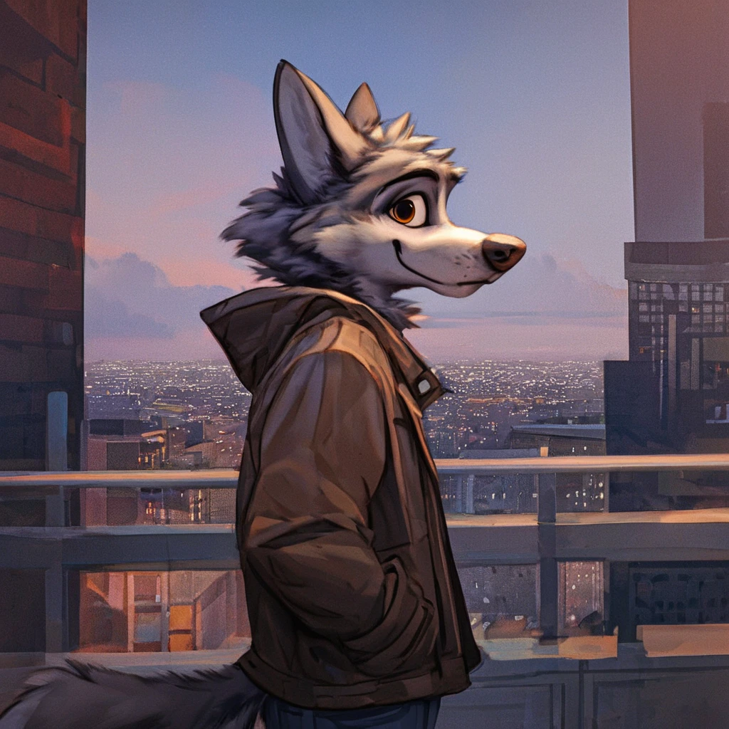 source_furry,  furry grey wolf, wearing a brown jacket, blue jeans, hands in pocked, relaxed expression, looking at viewer, side profile, city background ,  <lora:Test 1  epoch5:0.8>, score_9, score_8_up, score_7_up,