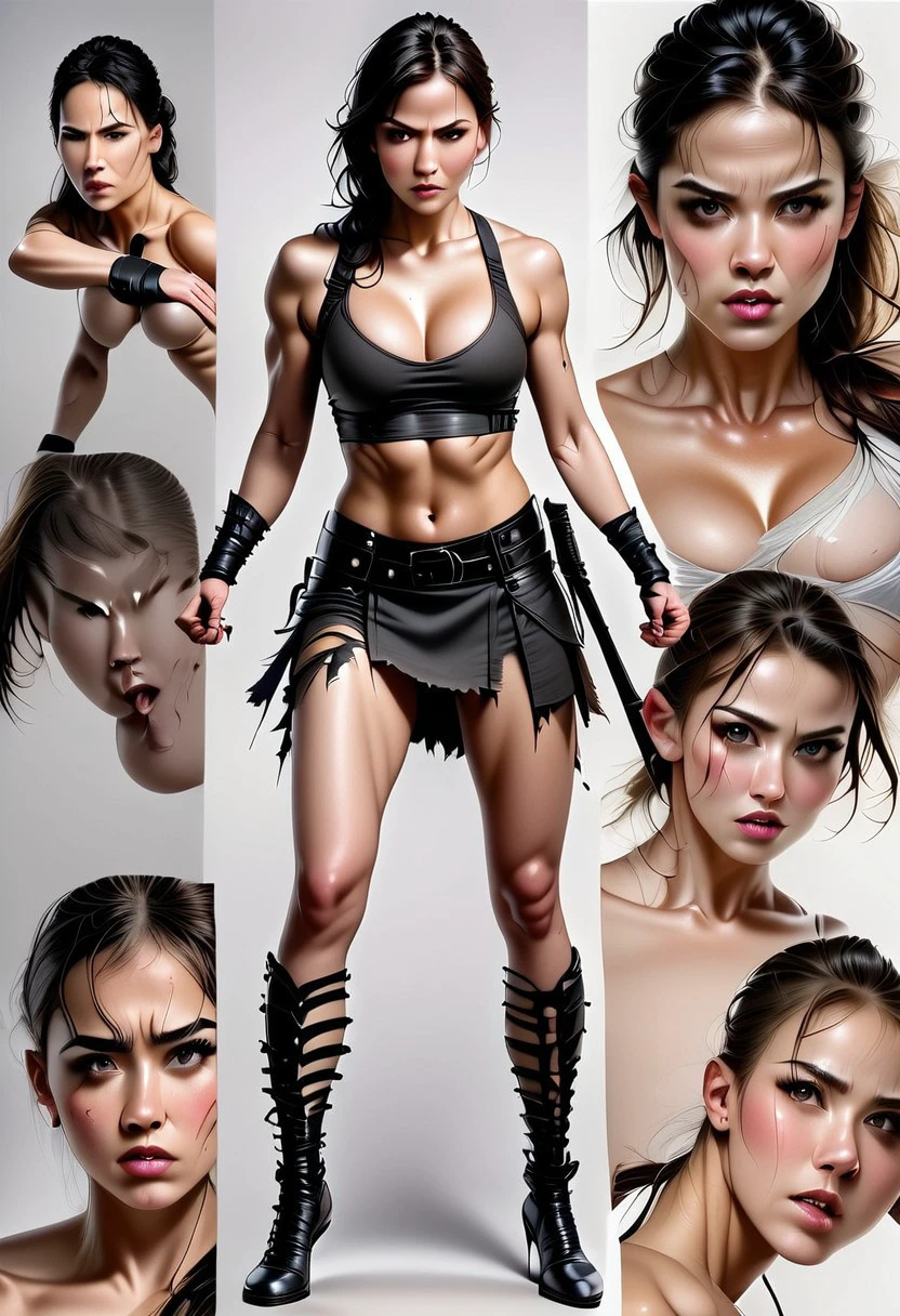 super realistic image with ultra high quality and correct anatomy of the perfect (very sexy warrior) in various dynamic poses, photorealism, with sharpness in focus, clean and anatomically correct face and limbs, torn clothes, fighting poses, automatic weapon