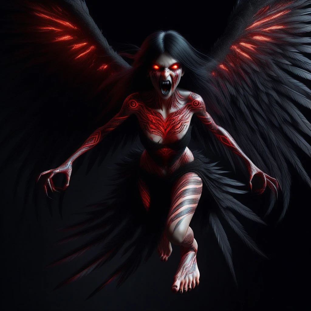 female fallen angel, mid-charge, with dark, shadowy wings outstretched behind her, highly detailed, ultra-realistic, her eyes are glowing with intense red light, radiating power and fury, her mouth is open in a vicious snarl, revealing sharp fangs, hyper-realistic skin texture with visible pores and subtle details, her body is adorned with intricate, glowing red tattoos that pulse with an otherworldly energy, the tattoos wrap around her arms, chest, and legs, giving off a faint red glow, her long, dark hair flows wildly behind her, each strand meticulously detailed, the wings are large and menacing, with dark feathers that have a subtle sheen, every feather rendered in high detail, her outfit is a mix of dark, tattered fabric and intricate, glowing patterns, creating a contrast between the darkness of her form and the vibrant red energy, her pose is dynamic, leaning forward with one foot off the ground, ready to strike, her fingers are clawed, sharp nails extending from her hands, adding to her deadly appearance, the background is a stark, minimalist setting with a gradient from dark to light, highlighting her form and creating a dramatic contrast, small embers and shadowy particles surround her, adding to the sense of motion and energy, the entire scene is intense, powerful, and filled with dark energy, capturing the essence of a fallen angel with a vengeance