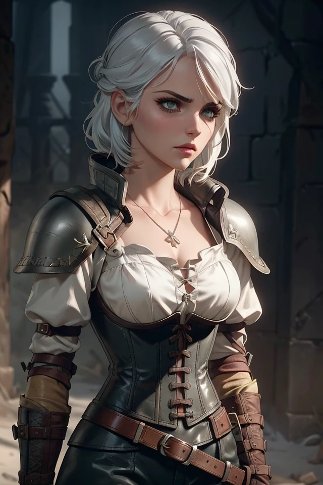 (P_Ciri),solo, 1girl, long hair, eyelashes, breasts, makeup, white hair, side bangs, updo hair, armor, corset, strap, cloak, necklace, belt, simple background, looking at viewer, angry,