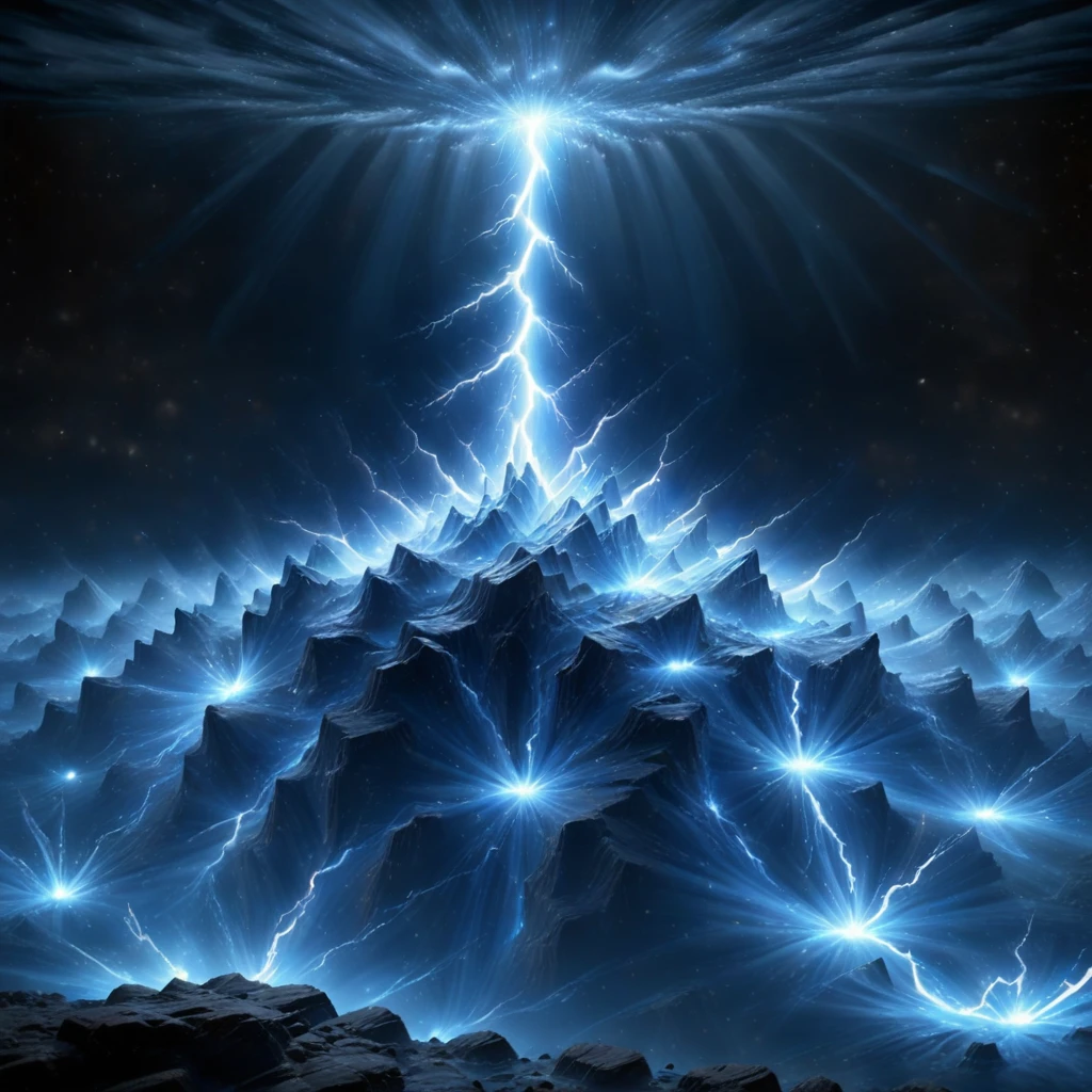 electricity, scenery, lightning, mountain, space, universe, fireworks, night, blue, flower, ice, black background, aerial fireworks, magic, stars, no humans, light particles, rock, glowing, blue theme, still life, blue flower, blurry, starry sky, sky, cloud, night sky, light, simple background