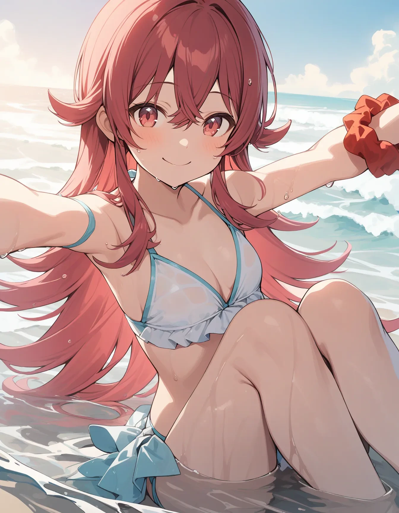 k_komiya, 1girl, alternate costume, bikini, blush, breasts, cleavage, feet out of frame, hair between eyes, knees up, long hair, looking at viewer, outstretched arms, red eyes, red hair, scrunchie, sitting, small breasts, smile, solo, swimsuit, very long hair, wet, wet hair, white bikini, wrist scrunchie
masterpiece, best quality, very aesthetic, absurdres
<lora:k_komiyaXL_animagine:1>