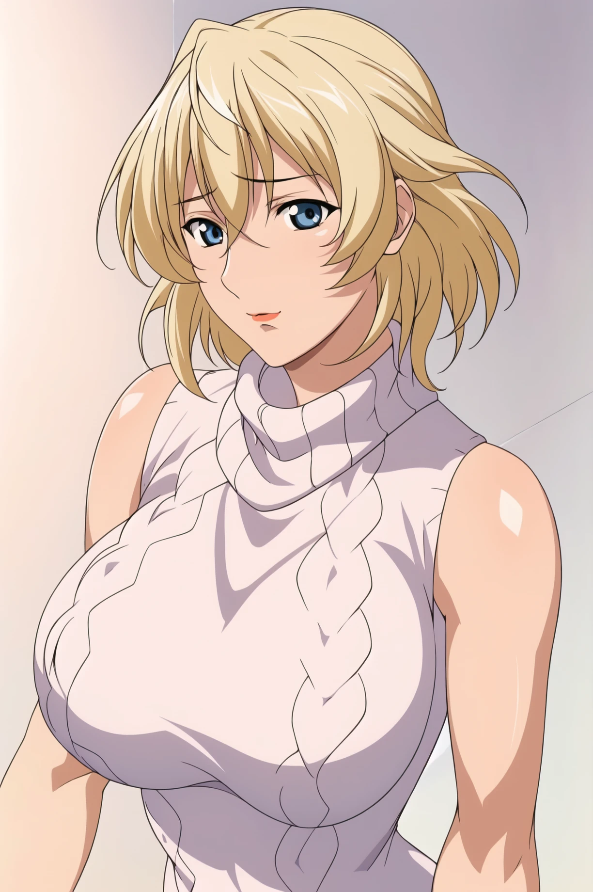 Simple Background,(White_Background:1.1),
dynamic pose,standing at attention,
White ribbed sweater, turtleneck, sleeveless, bare shoulders, bare arms, 
<lora:Yuuka_Konishi_DarkShell-KK77-V1:0.7>,
blue eyes, blonde hair, bangs,Short hair,Makeup, red lipstick, 
<lora:more_details:0.1>,<lora:NovelAI_YesMix5_KKStyle-KK77-Yes5-V1:0.3>,<lora:Oda_Non_Style2-KK77-Yes5-V1:0.3>,
1 girl, 20yo,Young female,Beautiful long legs,Beautiful body,
Beautiful Nose,Beautiful character design, perfect eyes, perfect face,expressive eyes,perfect balance,
looking at viewer,(Focus on her face),closed mouth, (innocent_big_eyes:1.0),(Light_Smile:0.3),
official art,extremely detailed CG unity 8k wallpaper, perfect lighting,Colorful, Bright_Front_face_Lighting,White skin,
(masterpiece:1.0),(best_quality:1.0), ultra high res,4K,ultra-detailed,
photography, 8K, HDR, highres, absurdres:1.2, Kodak portra 400, film grain, blurry background, bokeh:1.2, lens flare, (vibrant_color:1.2),professional photograph,
(Beautiful,large_Breasts:1.4), (beautiful_face:1.5),(narrow_waist),