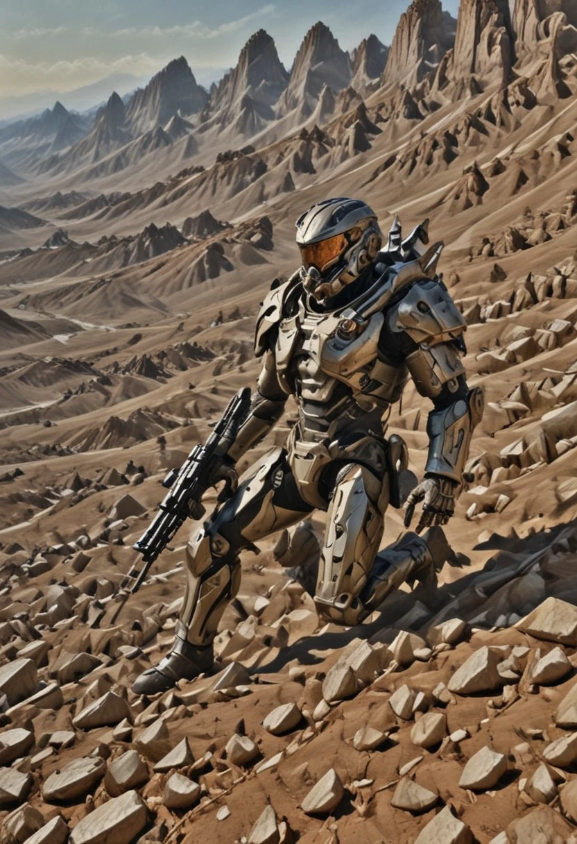 uined Cityscape: The warrior stands against a ruined city, skyscrapers in ruins, and the remains of battles. This shows the harsh conditions in which the soldiers survive.
Alien Wasteland: The warrior fights on an alien planet, with a desert landscape, rock formations, and two moons in the sky. This creates a feeling of unfamiliarity and danger.
Space Station: The warrior is inside a space station full of technology and weapons for the future. This emphasizes the high-tech nature of future warfare.
Warrior Details:
High Tech Armor: The warrior is clad in armor that is shiny, durable, and has light indicators. It may also have built-in weapons and communication devices.
Realistic Weapons: The warrior's weapons should look like possible developments of the future. These can be laser rifles, plasma weapons, or advanced firearms.
Facial Emotions: A warrior's face can be serious and determined, showing their dedication to the mission. There may also be signs of battle or fatigue, showing the human side beneath the armor.
Posture and Action: