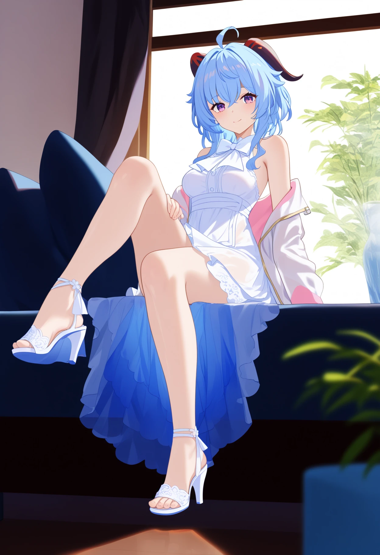 score_9, score_8_up, score_7_up, rating_explicit, source_anime,
BREAK
1girl, solo,  sitting, crossed legs, leg up,  foot focus, 
<lora:shiGanyu-000009:0.9>, GANANIM, long hair, bangs, horns, blue hair, purple eyes, ahoge,  alternate costume, white dress, bangs, medium breasts, white footwear, see-through, white jacket, thighs, foreshortening, bare legs, sandals, high heels, white bowtie, frills, 
looking at viewer, smile,