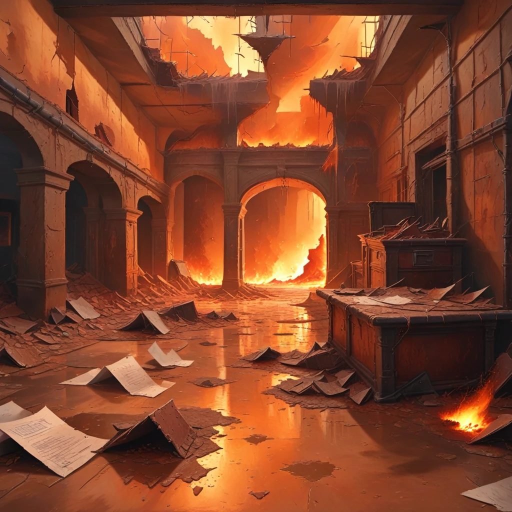 short hair, tile floor, ground vehicle, yellow, crack, rubble, streets, broken glass, industrial pipe, outdoors, light rays, doorway, destruction, paper, bird, red, solo, fire, indoors, sunlight, smog, fantasy, mountain, broken window, arch, waste, orange sky, fog, basement, english text, broken, puddle